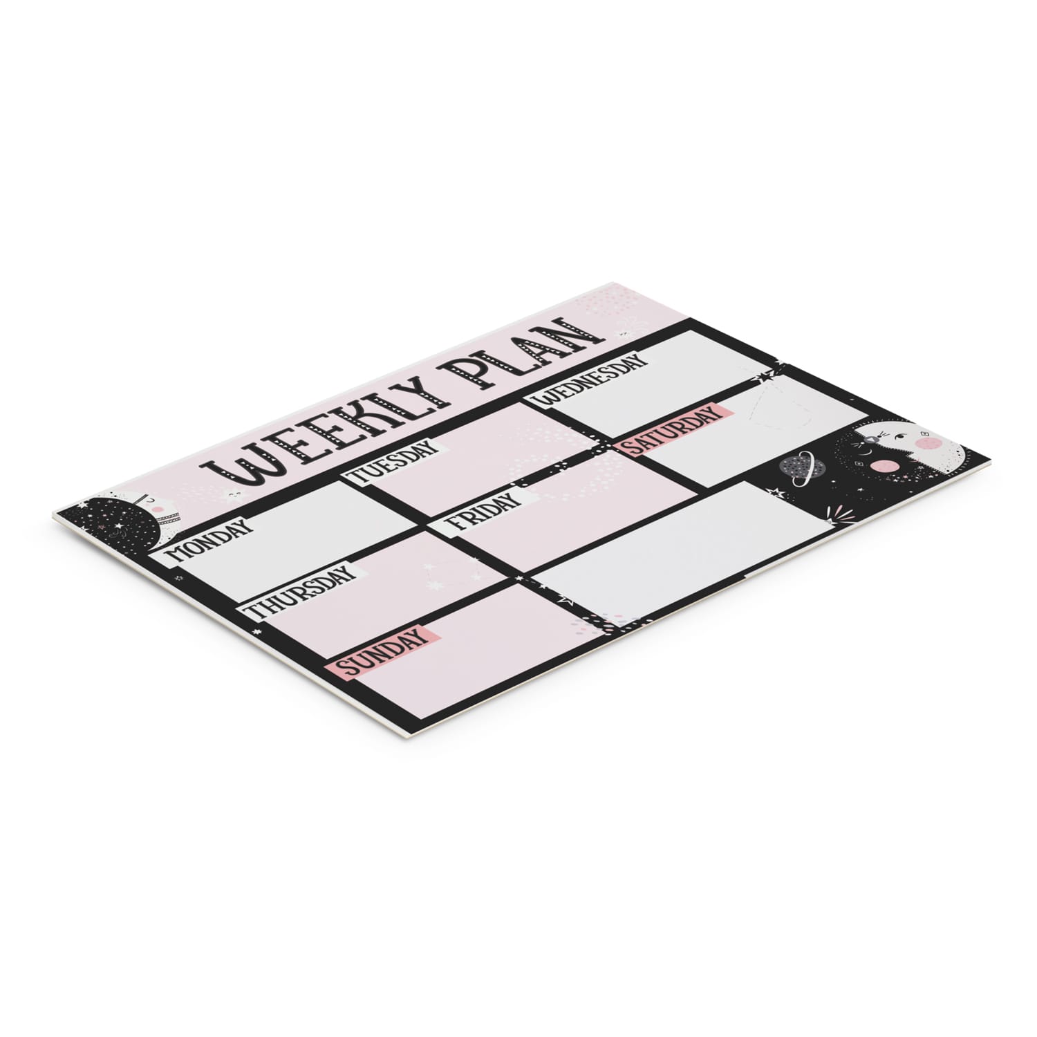 A desk planner with a weekly layout featuring a pink and black design, includes spaces for each day of the week. A2 Desk Planner - 50 Leaves - Image 1