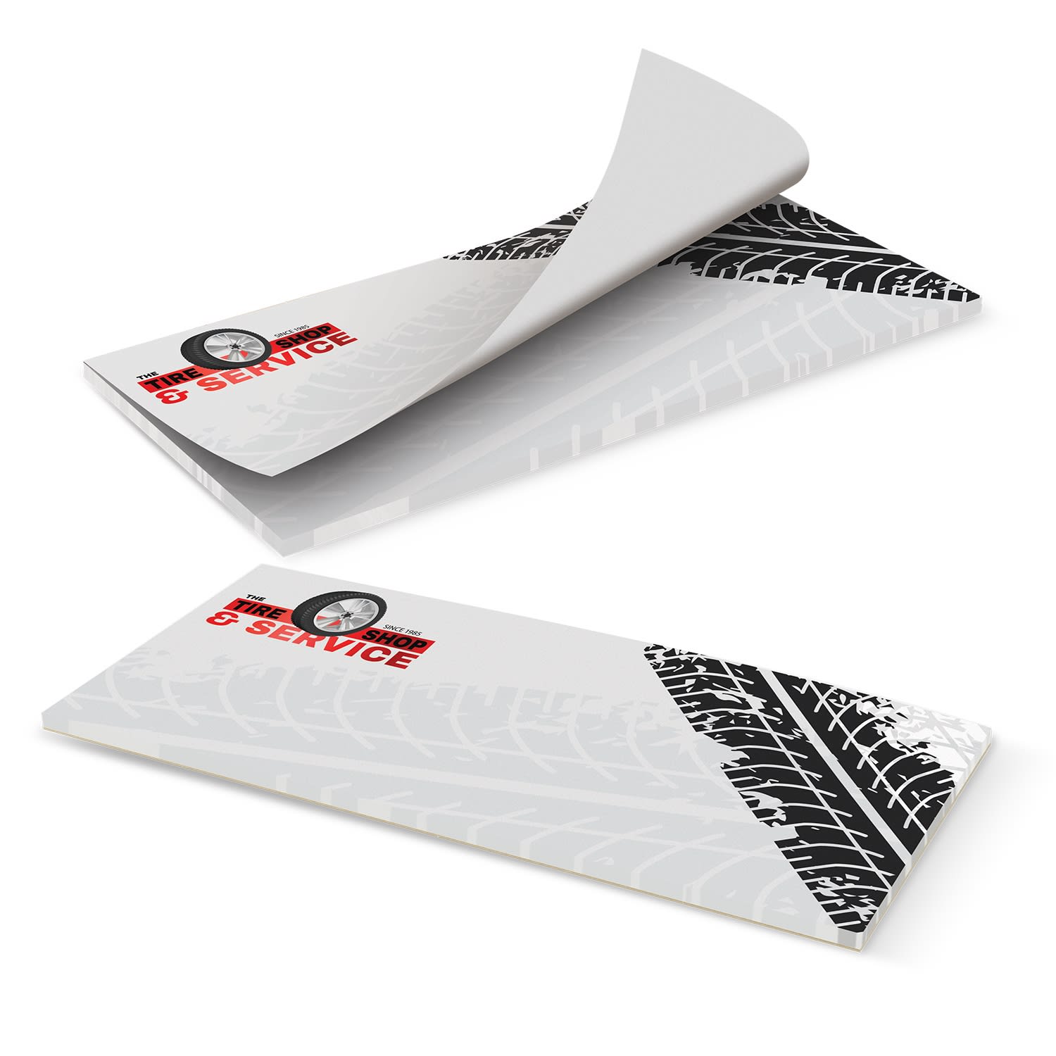 A horizontal notepad with a black and white tire tread design, featuring 50 leaves and a logo. DLE Horizontal Note Pad - 50 Leaves - Image 1