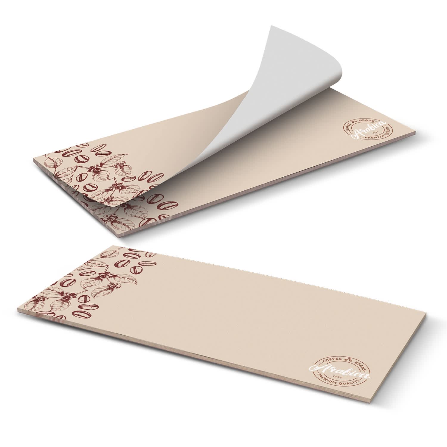 A horizontal note pad with 25 leaves, featuring a beige design with floral and coffee bean illustrations. It has a logo. DLE Horizontal Note Pad - 25 Leaves - Image 1