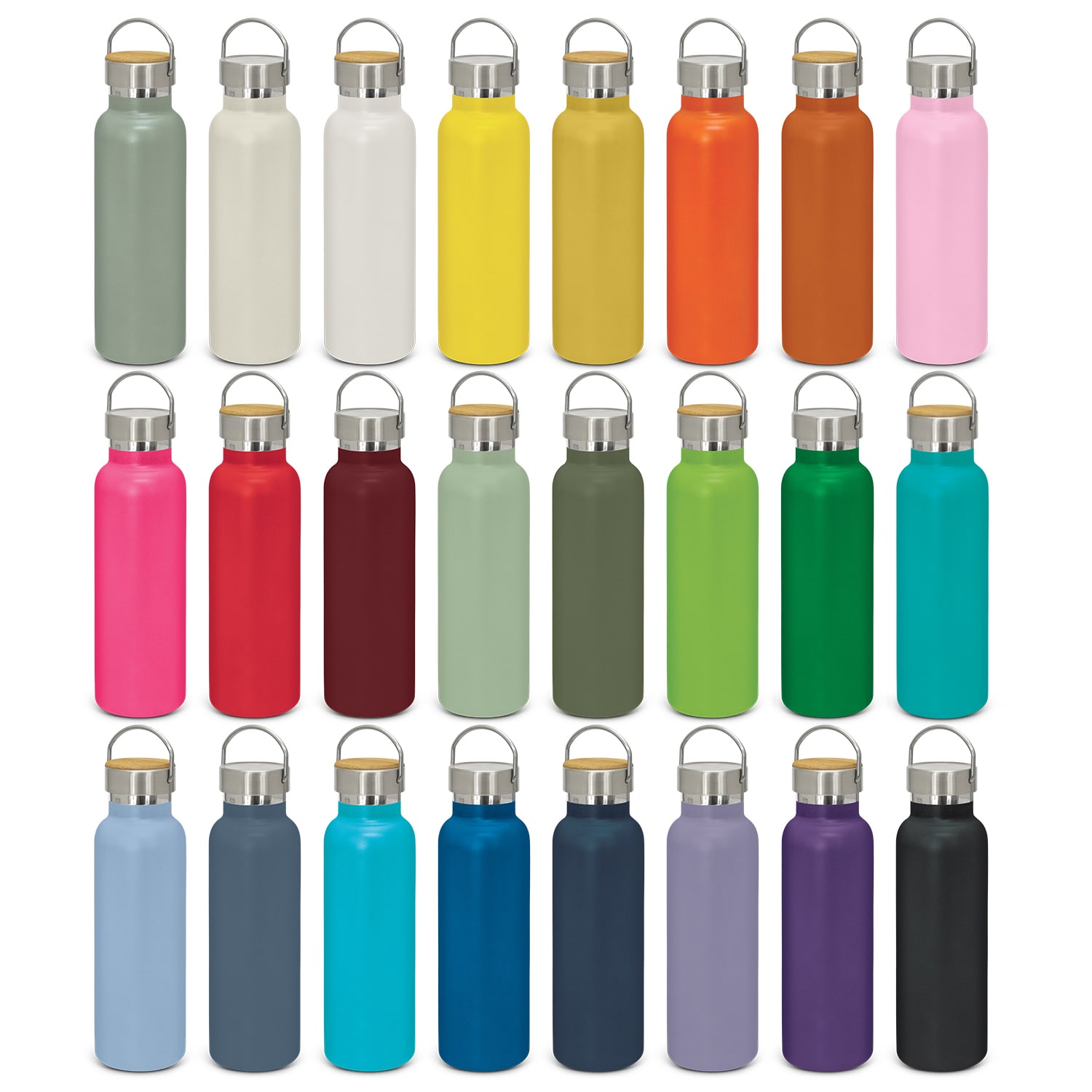 A drink bottle collection featuring various colours, including pink, yellow, green, and blue, with a metal lid and logo. Nomad Deco Vacuum Bottle - Powder Coated - Image 1