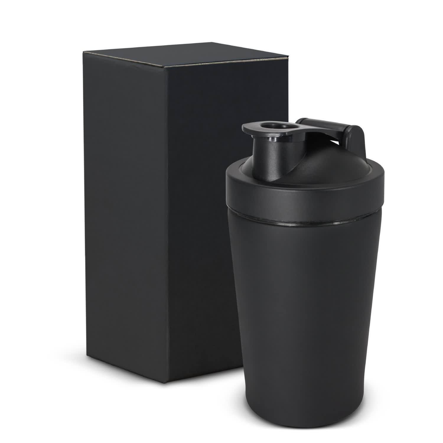 A drink bottle in matte black with a secure lid, displayed next to a black box. It features a logo. Trojan Metal Shaker - Image 1