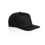 A black cap with a flat brim and a classic design, featuring a logo on the front.