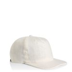 A beige linen cap featuring a solid design and a logo on the front. Ideal for casual wear.
