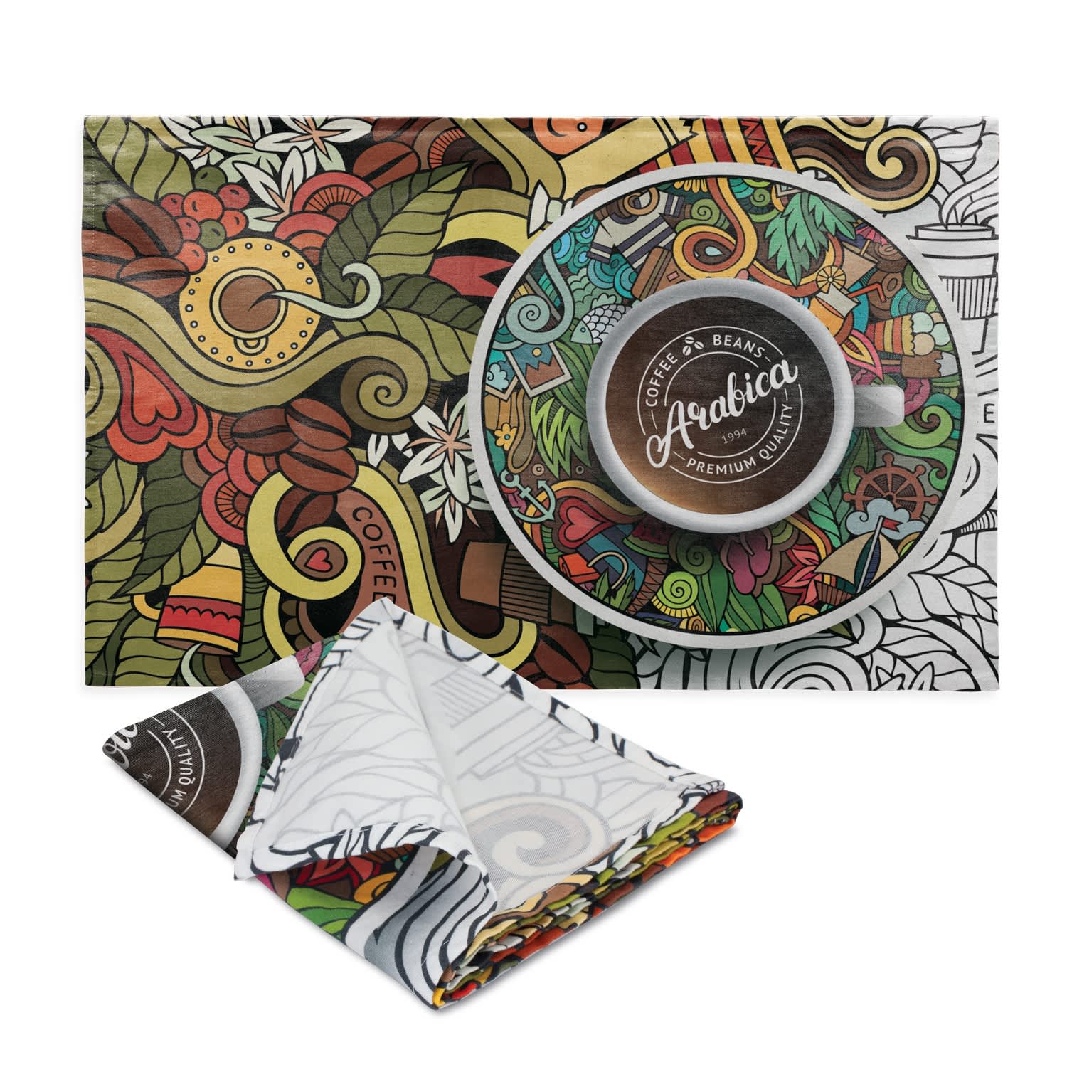 A colourful Bistro Cotton Tea Towel featuring intricate designs, with a circular logo in the centre and folded towel beside it. Bistro Cotton Tea Towel - Image 1