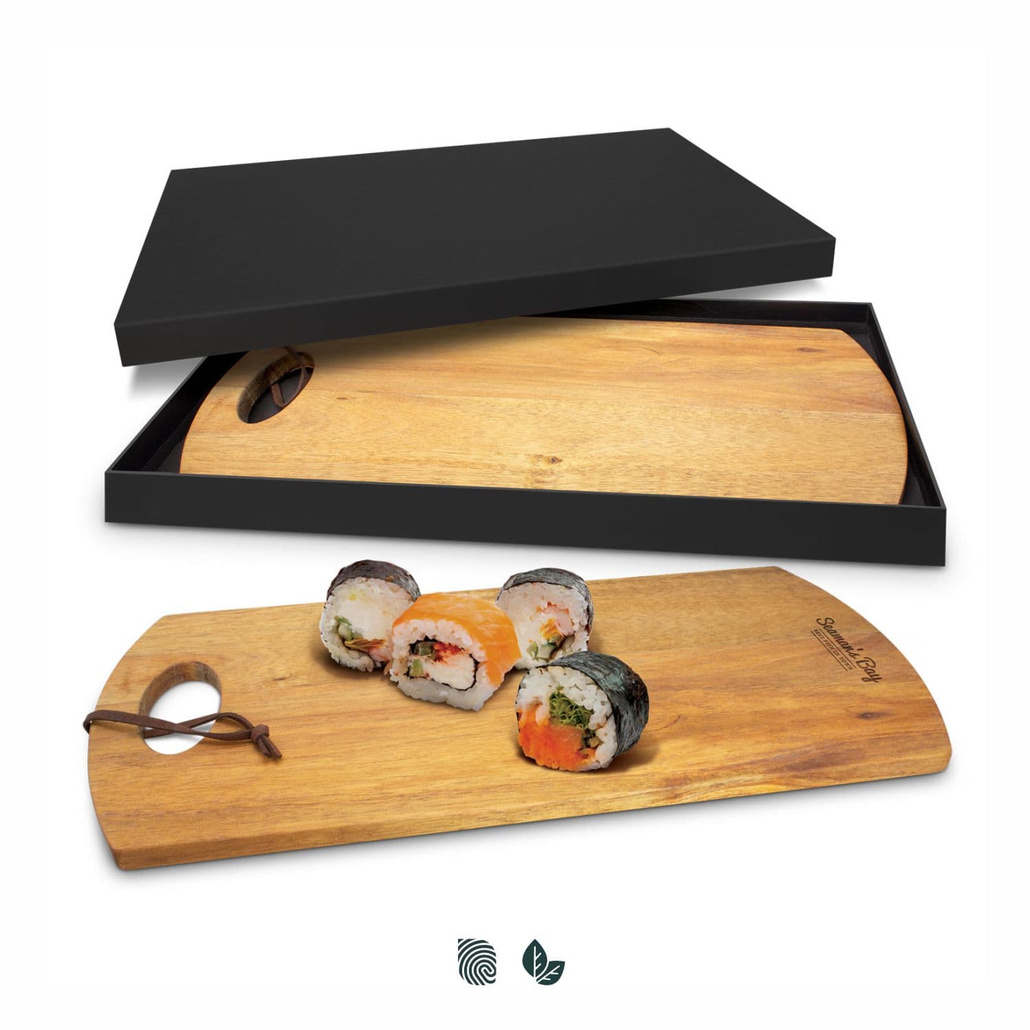 A wooden serving board with a natural finish, featuring sushi, presented in a black gift box. Homestead Serving Board - Image 1