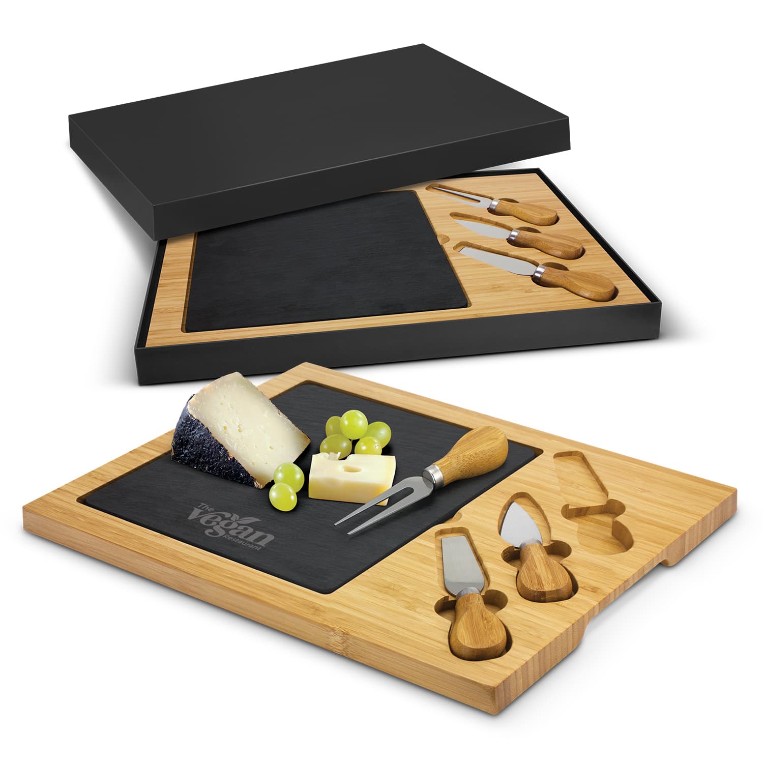 A slate cheese board with bamboo accents and cheese knives, presented in a black box, featuring a logo. Slate Cheese Board - Image 1