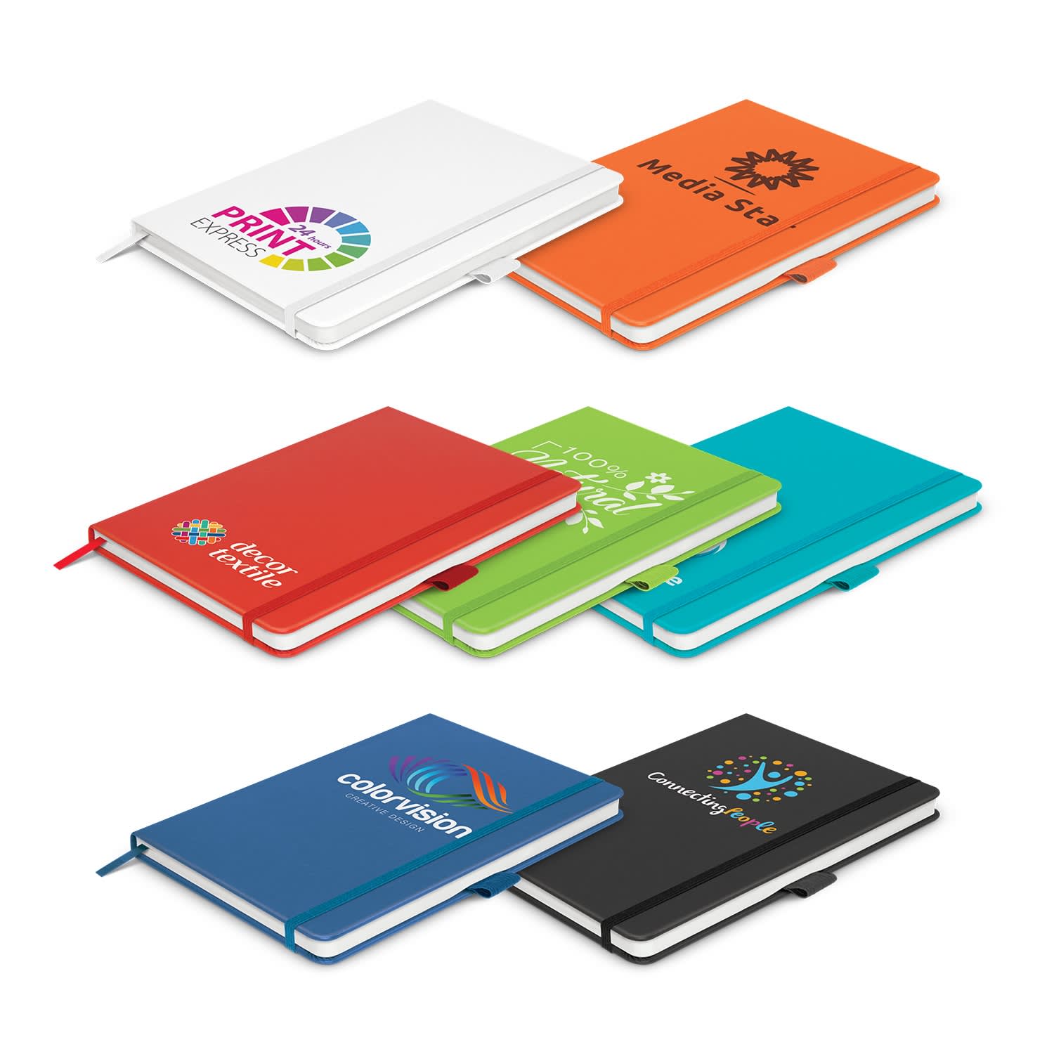 A collection of notebooks in various colours: white, orange, turquoise, blue, and black, each with a logo on the cover. Kingston Notebook - Image 1