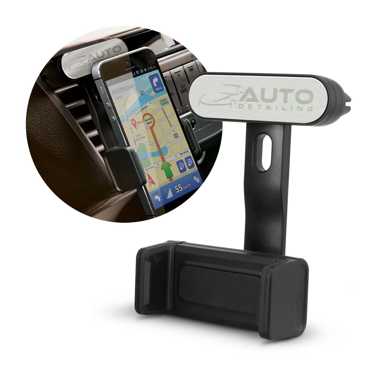 A black car phone holder with a clip design, featuring a logo, securely holding a smartphone displaying a map. Zamora Car Phone Holder - Image 1