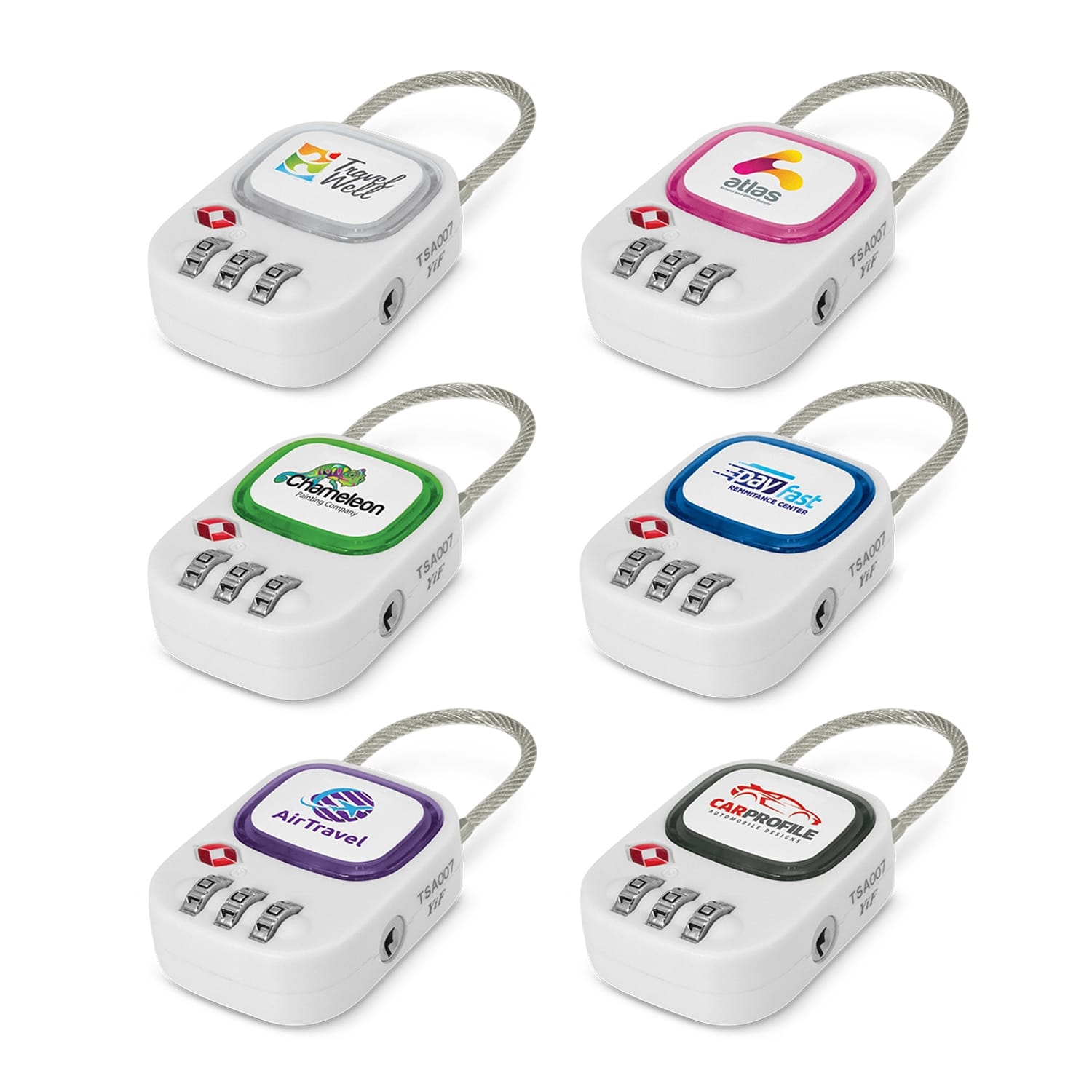 A set of six TSA locks in white, featuring various coloured logos and a combination dial for security. Zodiac TSA Lock - Image 1