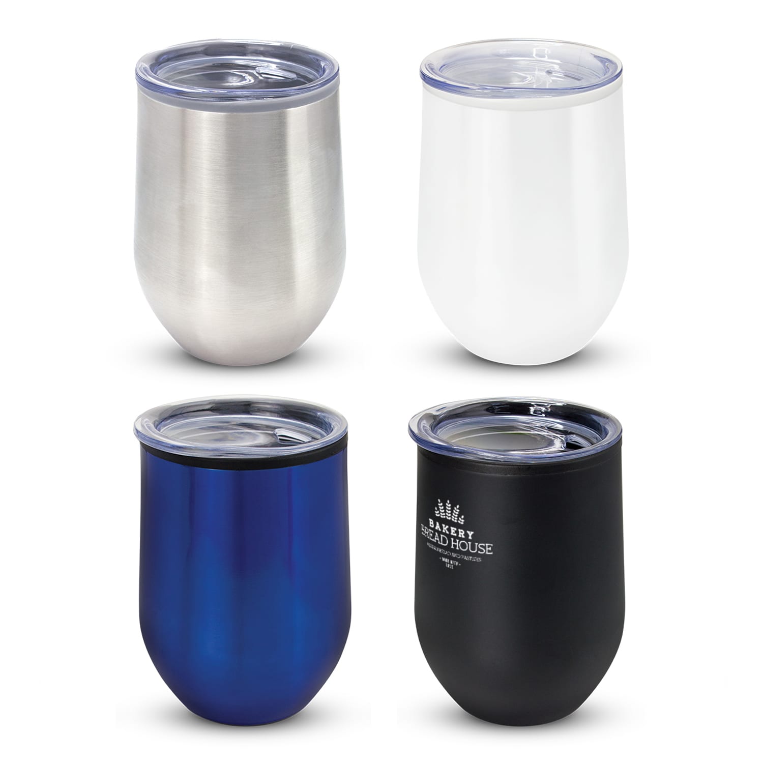 A set of four drink bottles in silver, white, blue, and black, each with a clear lid and branding. Cordia Cup - Image 1