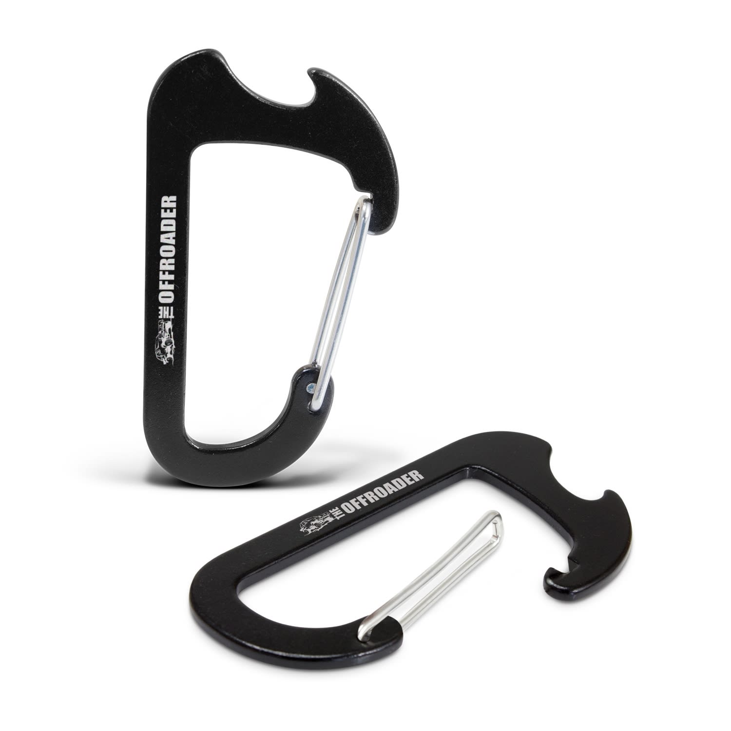 A black carabiner bottle opener with a simple design and a logo. Carabiner Bottle Opener - Image 1