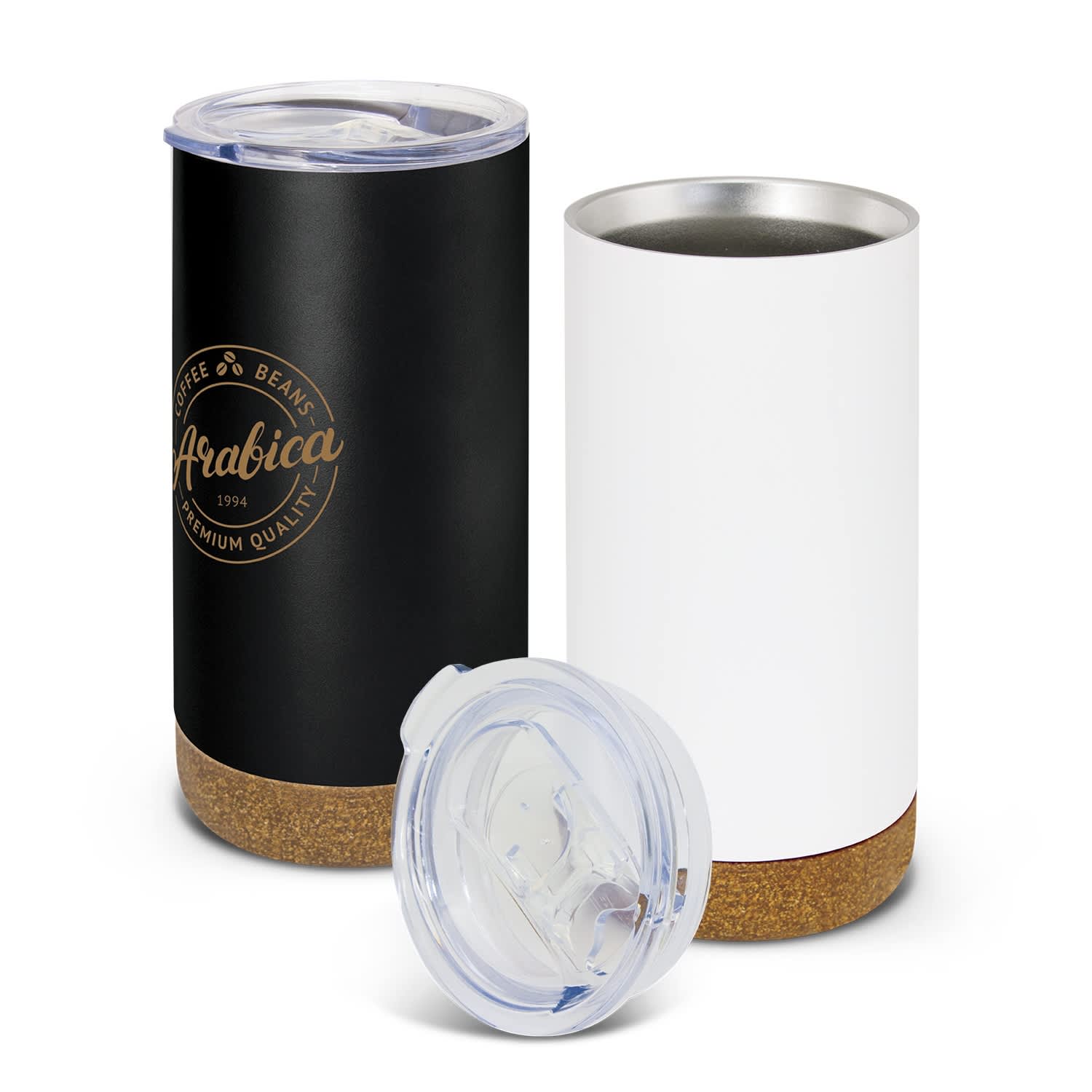 A drink bottle in black and white with a cork base, featuring a clear lid and a logo. Cyprus Vacuum Cup - Image 1