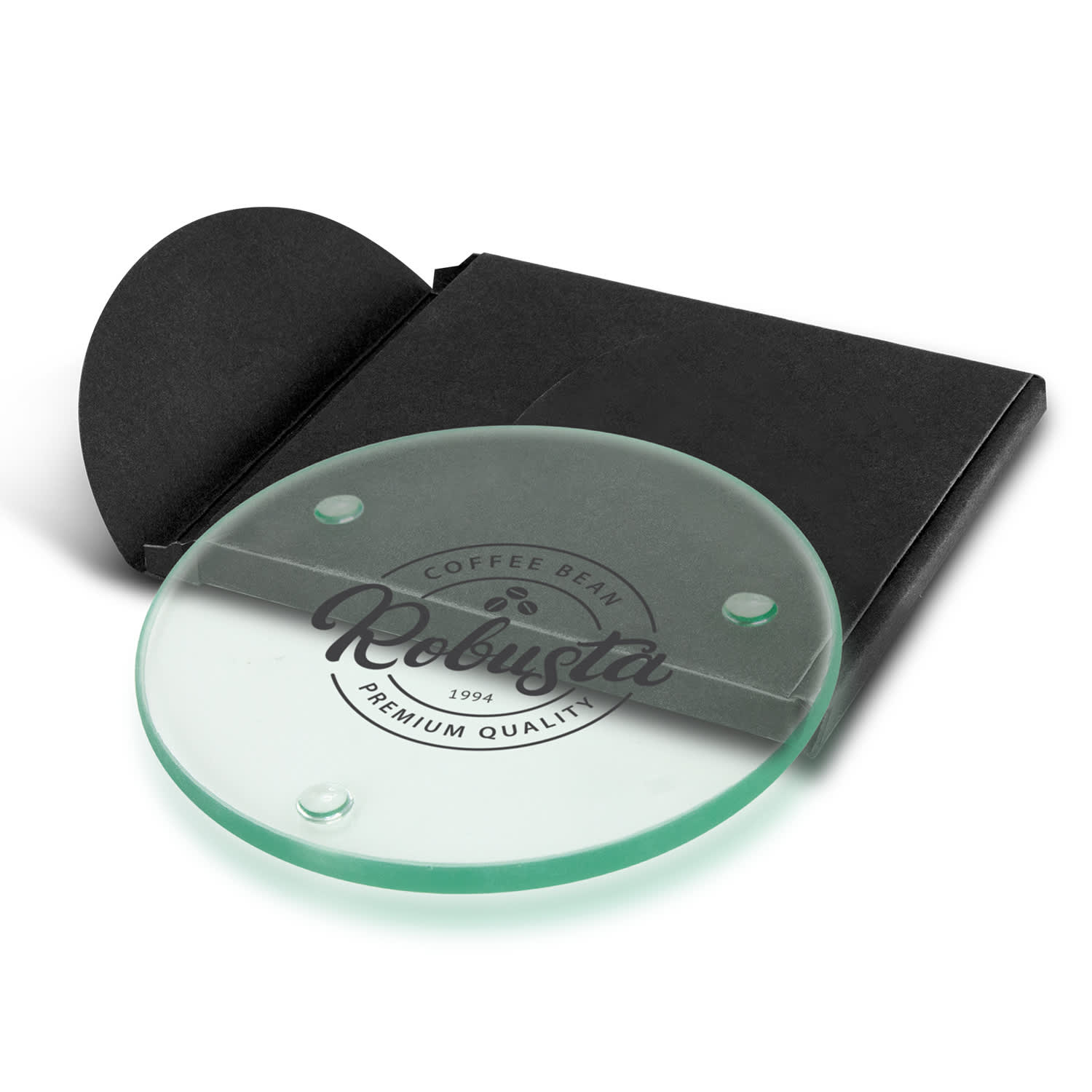 A round, transparent glass coaster in a black presentation packaging, featuring a logo in the centre. Venice Single Glass Coaster - Round - Image 1