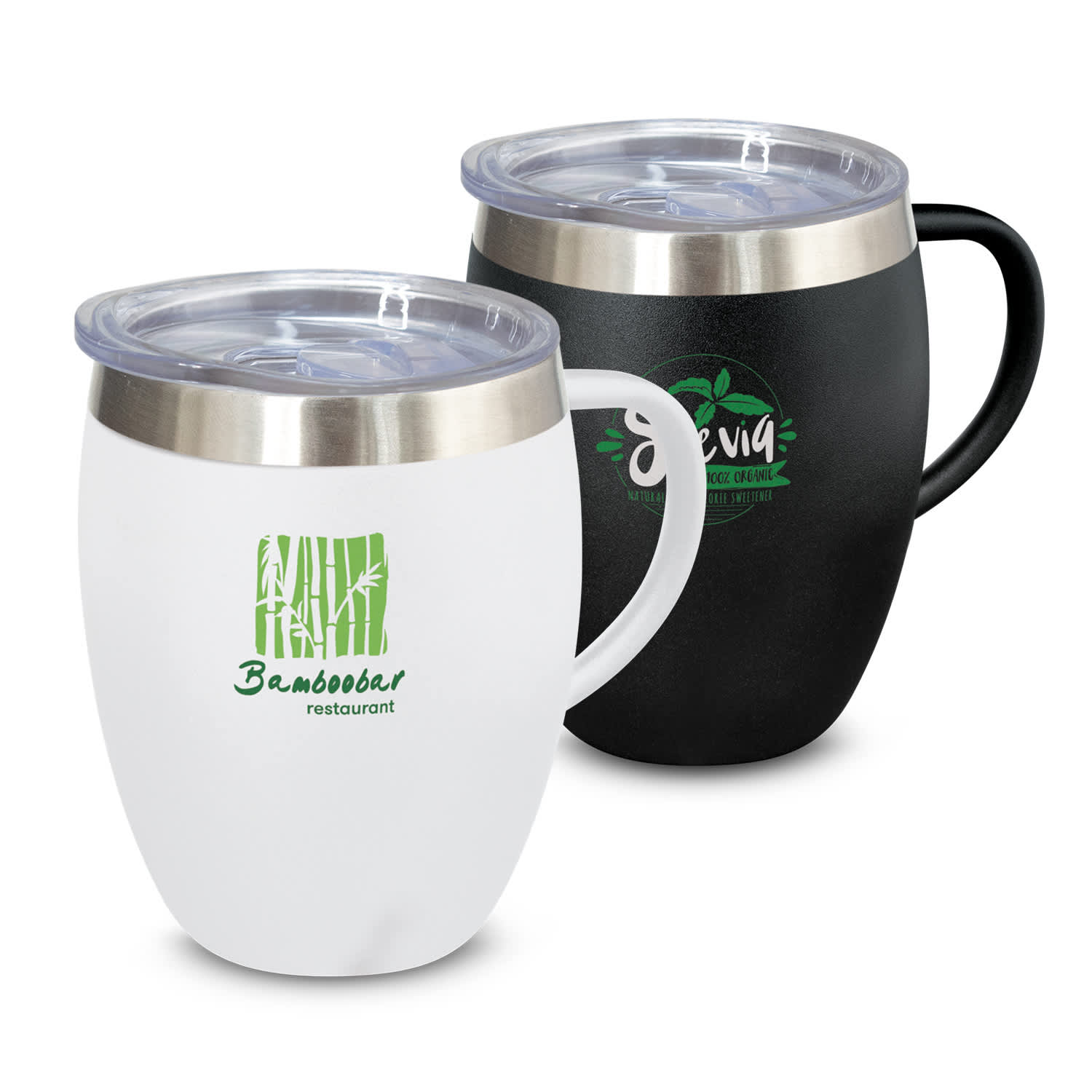 A drink bottle set featuring a white and a black vacuum cup with handles and stainless steel lids. Each cup has a logo. Verona Vacuum Cup with Handle - Image 1