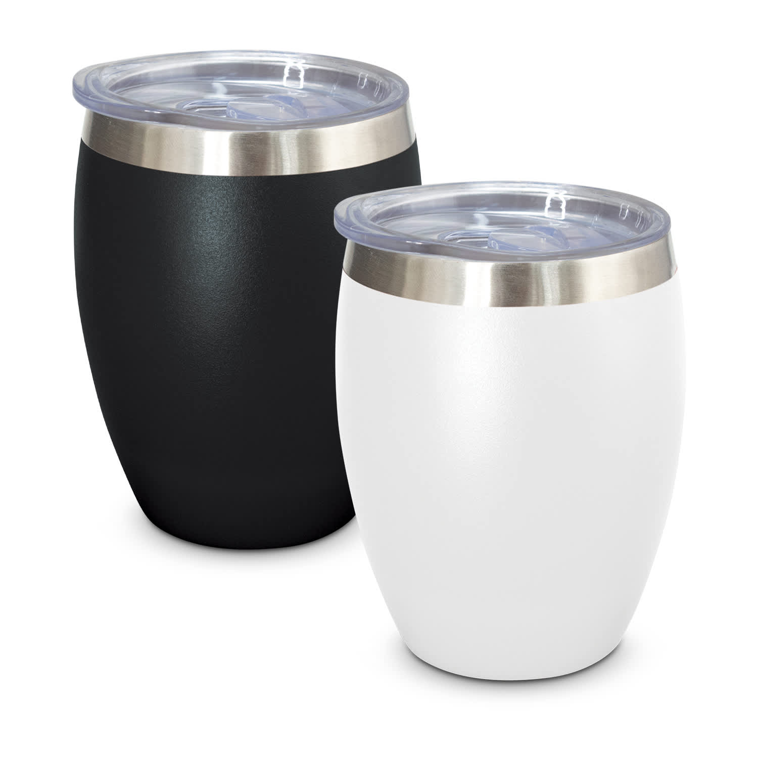 A drink bottle duo featuring a black and a white vacuum cup with stainless steel rims and clear lids. Verona Vacuum Cup - Image 1