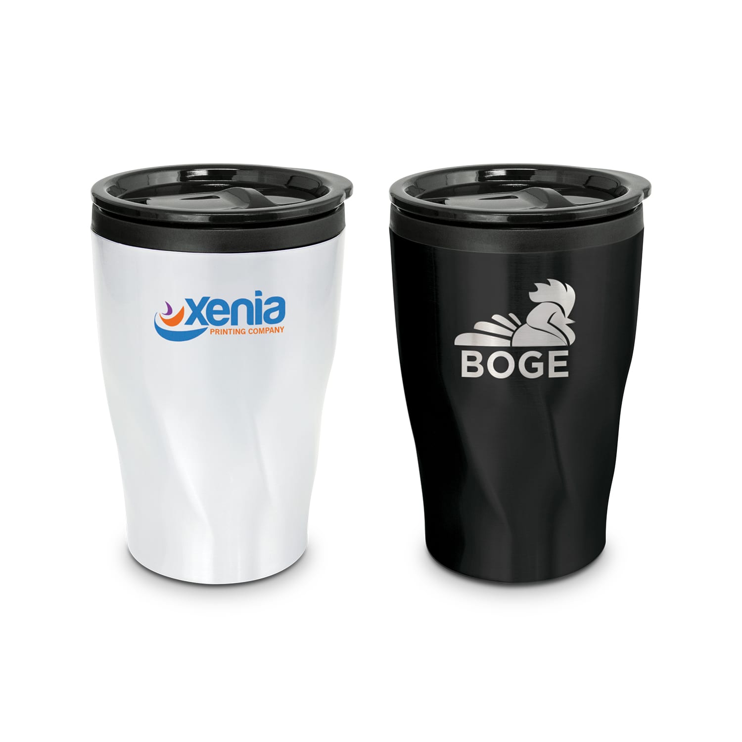 A stainless steel coffee cup in white and black with lids and logos displayed. Tornado Coffee Cup - Image 1