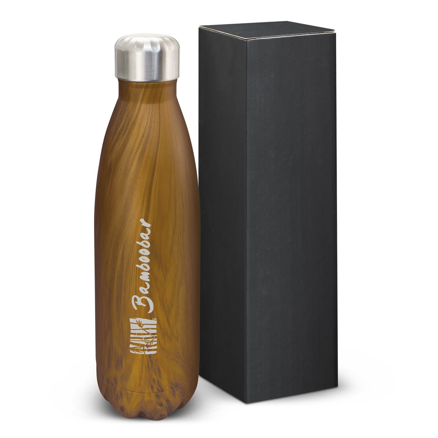 A drink bottle in a bamboo finish with a silver lid, presented in a black box. Mirage Heritage Vacuum Bottle - Image 1