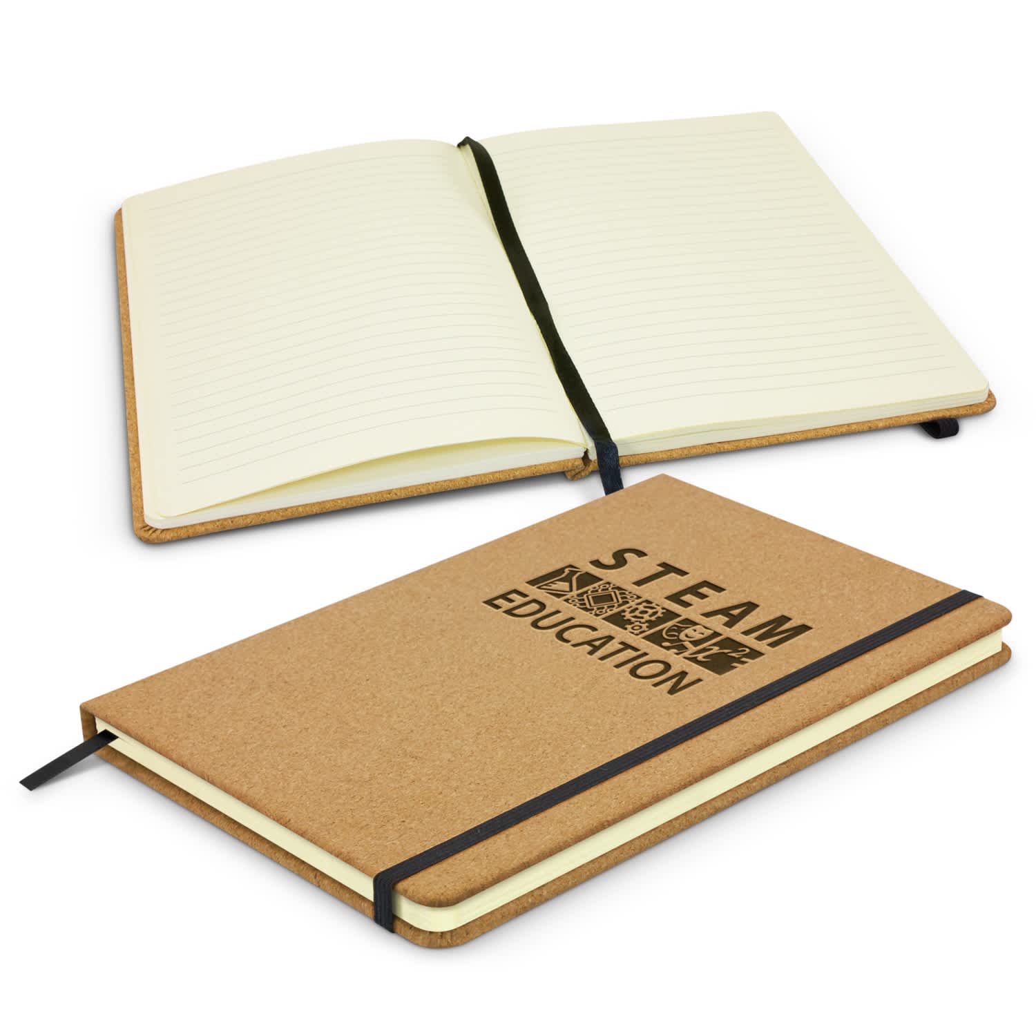 A Somerset cork notebook with a brown cover, featuring lined pages and a black elastic band closure. Somerset Cork Notebook - Image 1