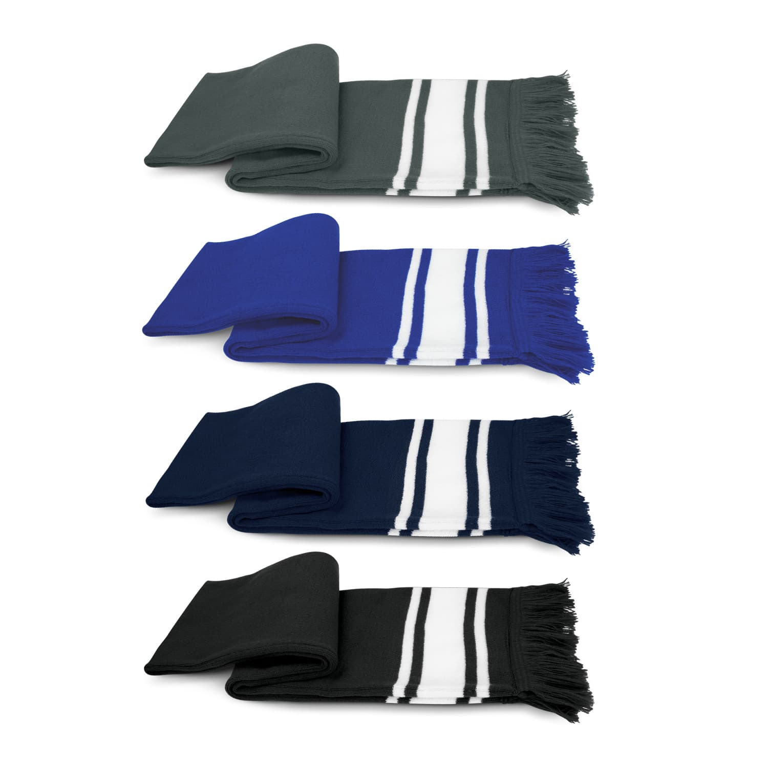 A collection of scarves in dark green, blue, navy, and black, featuring striped patterns and fringed edges. Commodore Scarf - Image 1