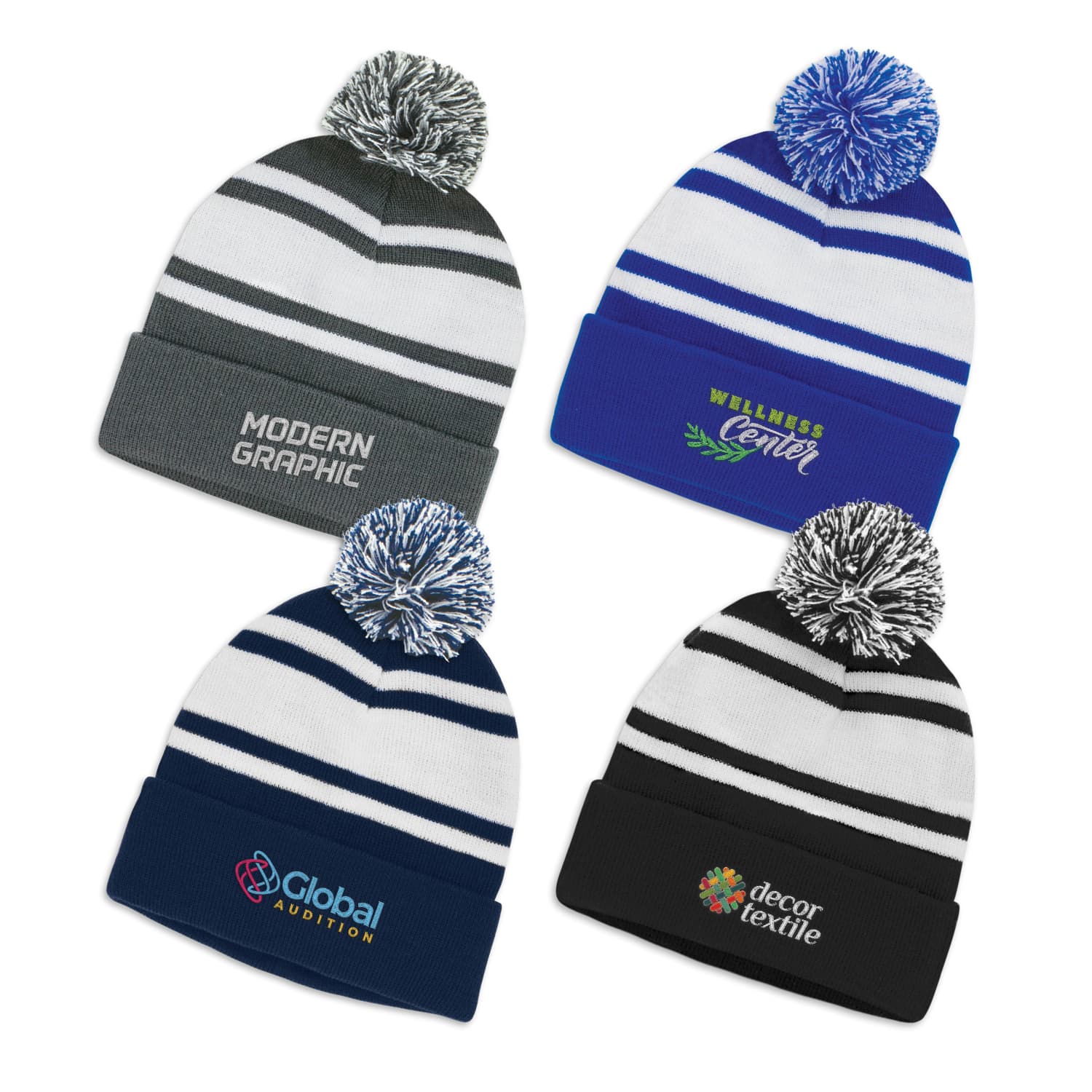 A collection of four beanies with pom poms, featuring different colour schemes and logos. Commodore Beanie with Pom Pom - Image 1