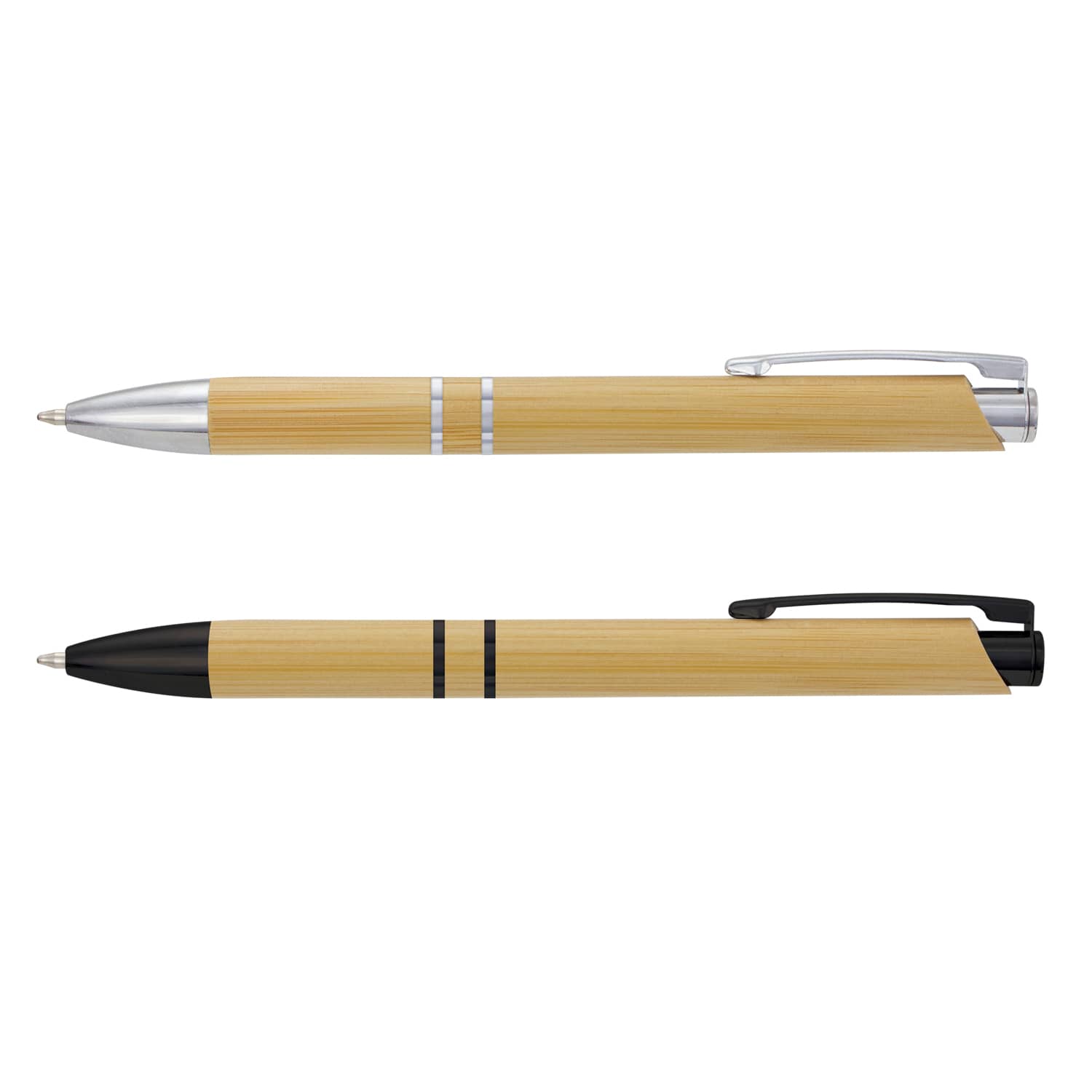 Two bamboo pens, one with a silver trim and the other with a black trim, both featuring a logo. Panama Bamboo Pen - Image 1