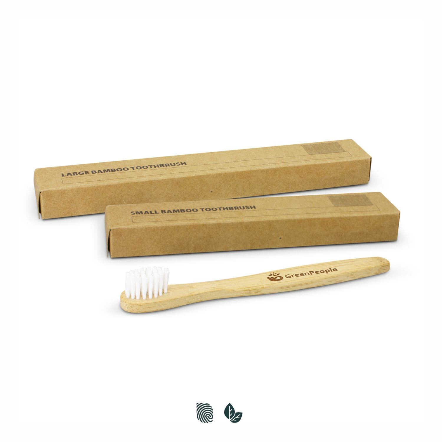 A bamboo toothbrush with a wooden handle and white bristles, accompanied by two brown cardboard boxes. Bamboo Toothbrush - Image 1