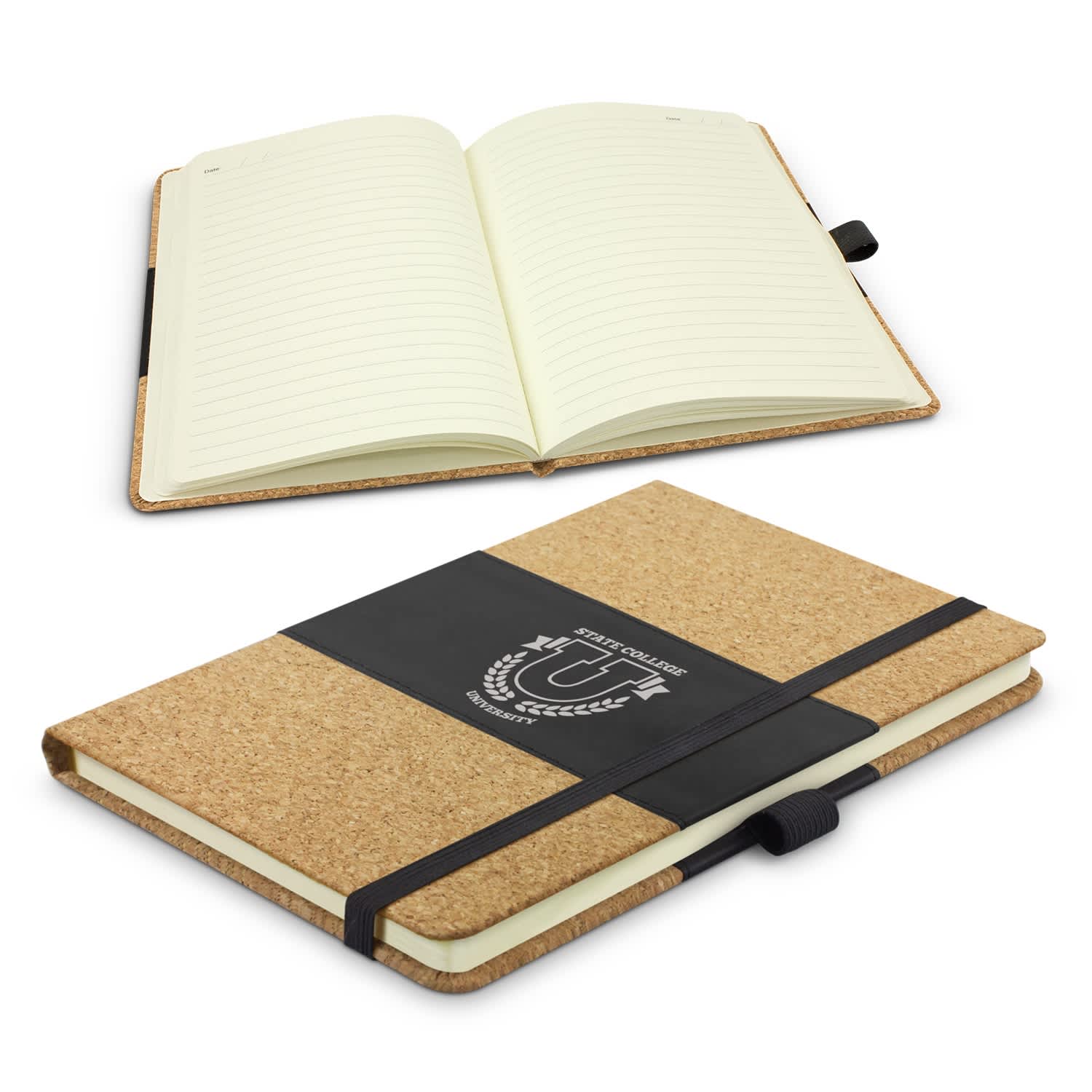 A cork-covered Inca Notebook with a black elastic band, featuring lined pages and a logo on the cover. Inca Notebook - Image 1
