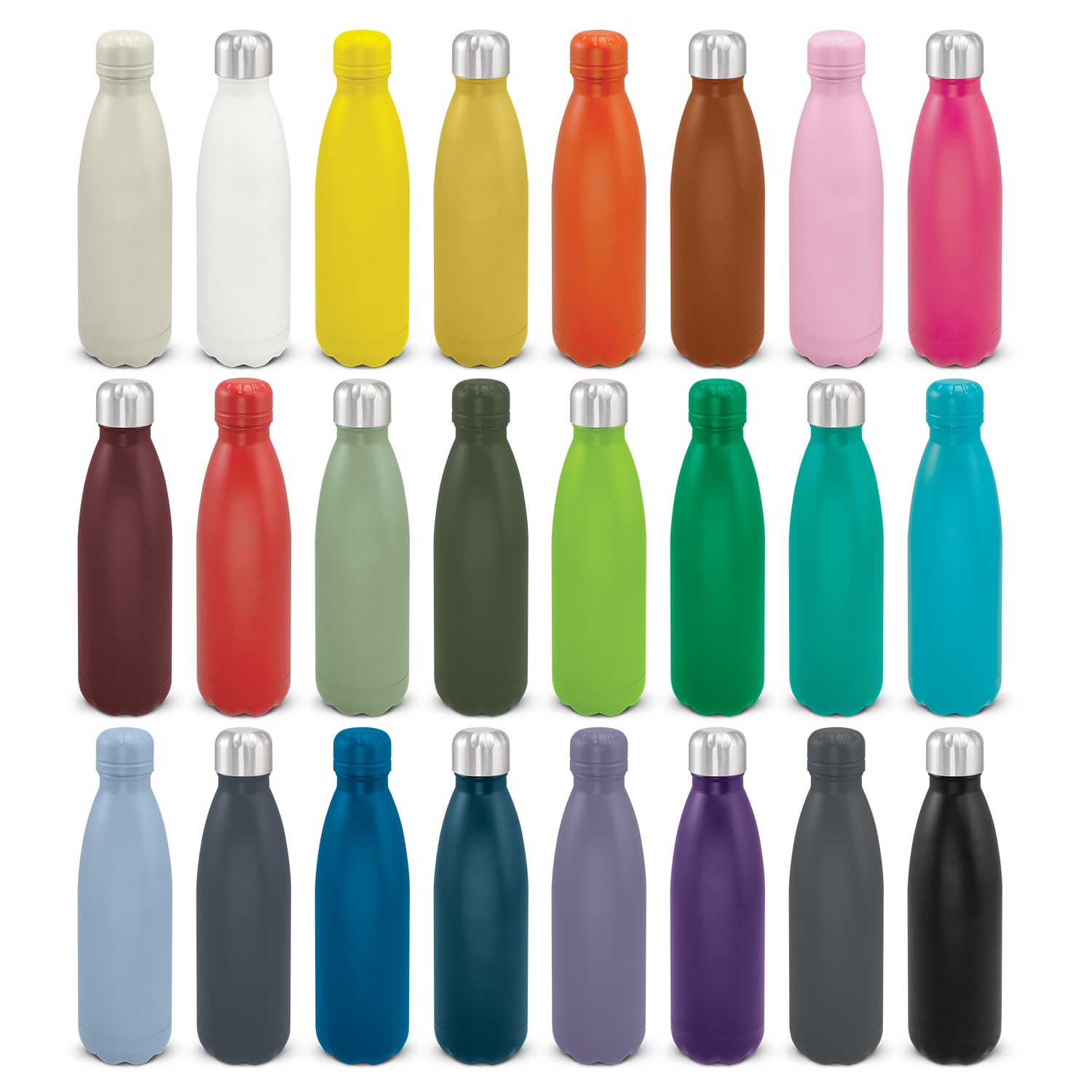 A drink bottle collection featuring various colours, including white, yellow, orange, pink, green, blue, and black, with metal caps. Mirage Powder Coated Vacuum Bottle - Image 1