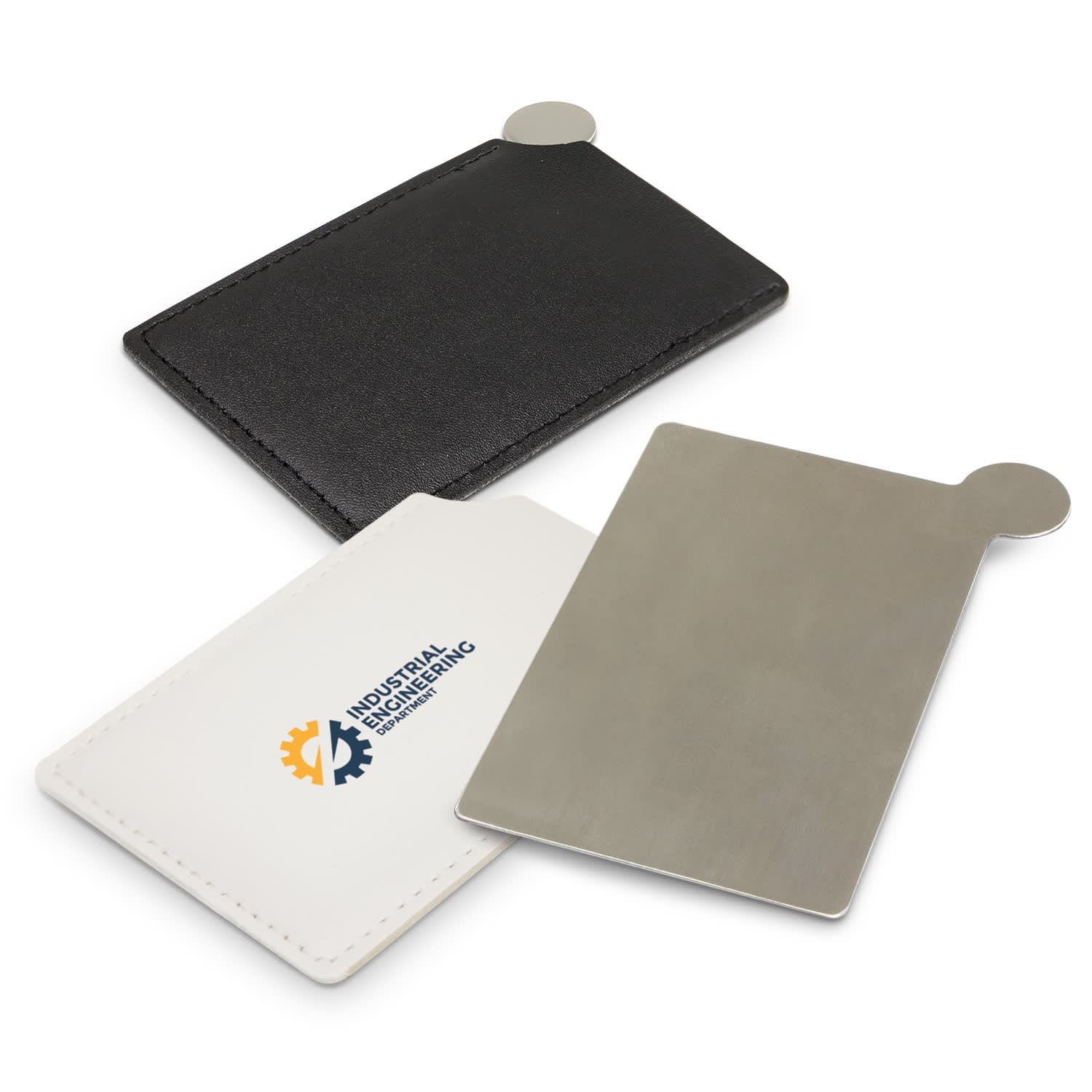 A set of three vanity card mirrors, featuring a black leather cover and two mirrored surfaces, one white with a logo. Vanity Card Mirror - Image 1