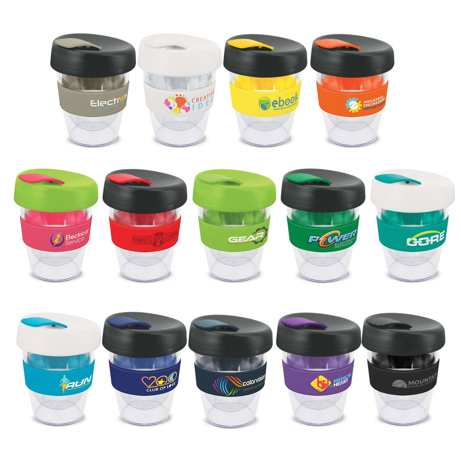 A collection of colourful drink bottles with various designs and lids, some featuring logos. Express Cup Leviosa with Band - 230ml - Image 1