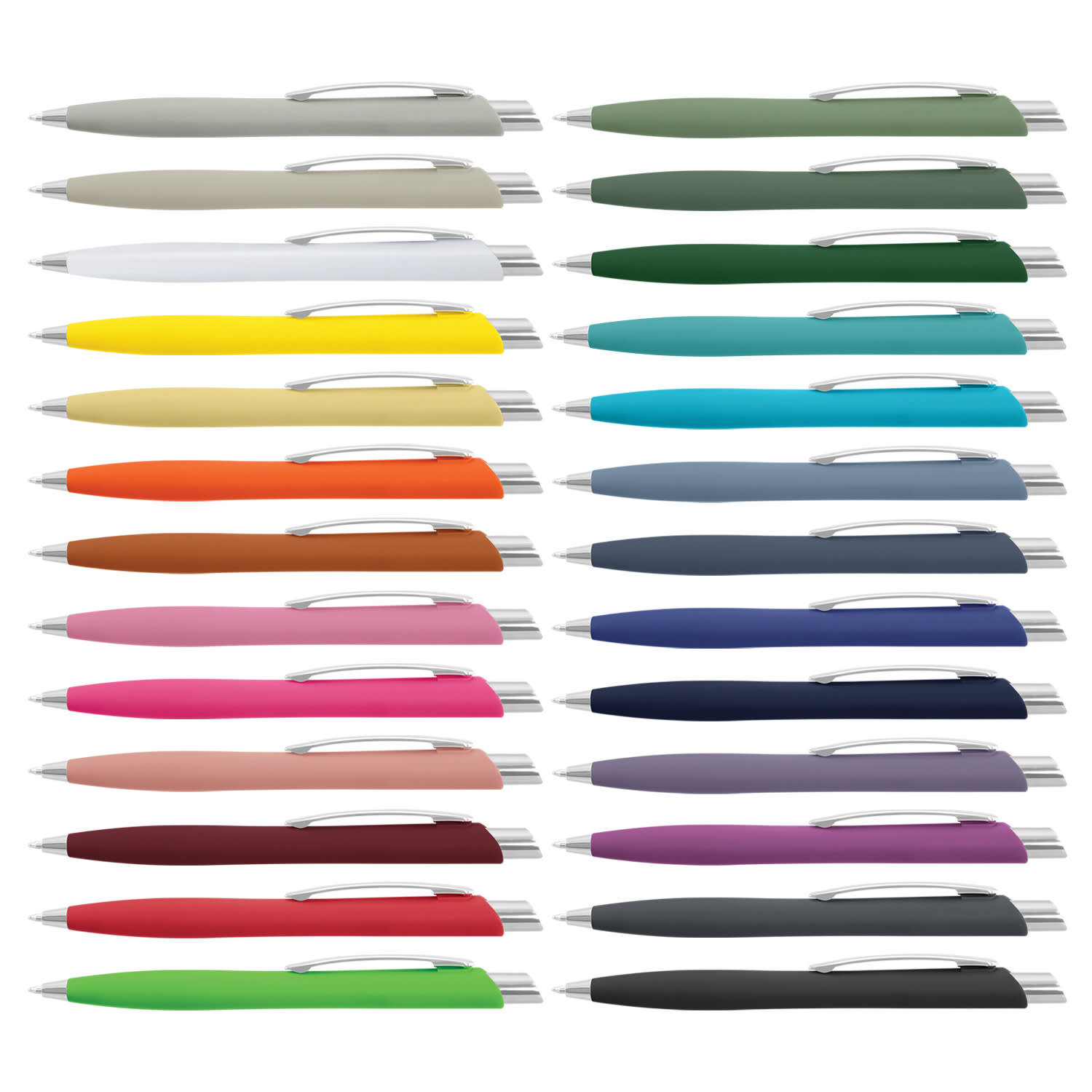 A collection of Javalin pens in various colours, featuring a sleek design and silver accents, arranged in rows. Javalin Pen - Image 1