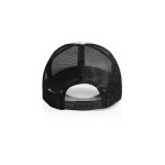 A two-tone black trucker cap featuring a mesh back and an adjustable strap for a secure fit.