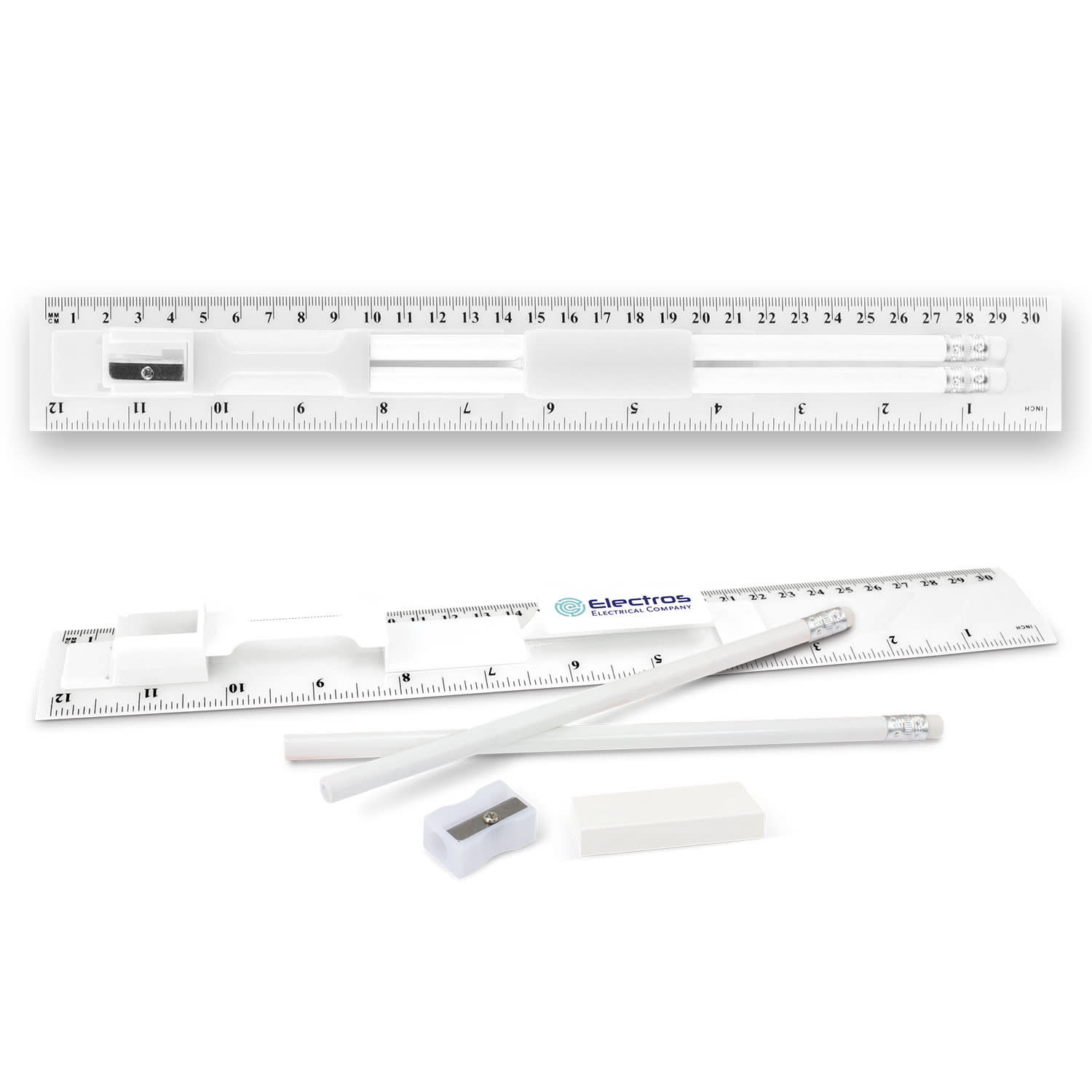 A stationery set featuring a clear ruler, two white pencils, and an eraser, all neatly arranged. Stationery Set - Image 1