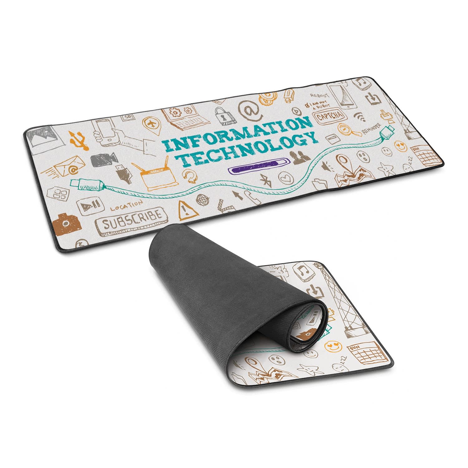 A Jumbo Desk Mat featuring a colourful design related to information technology, with a black underside. Jumbo Desk Mat - Image 1