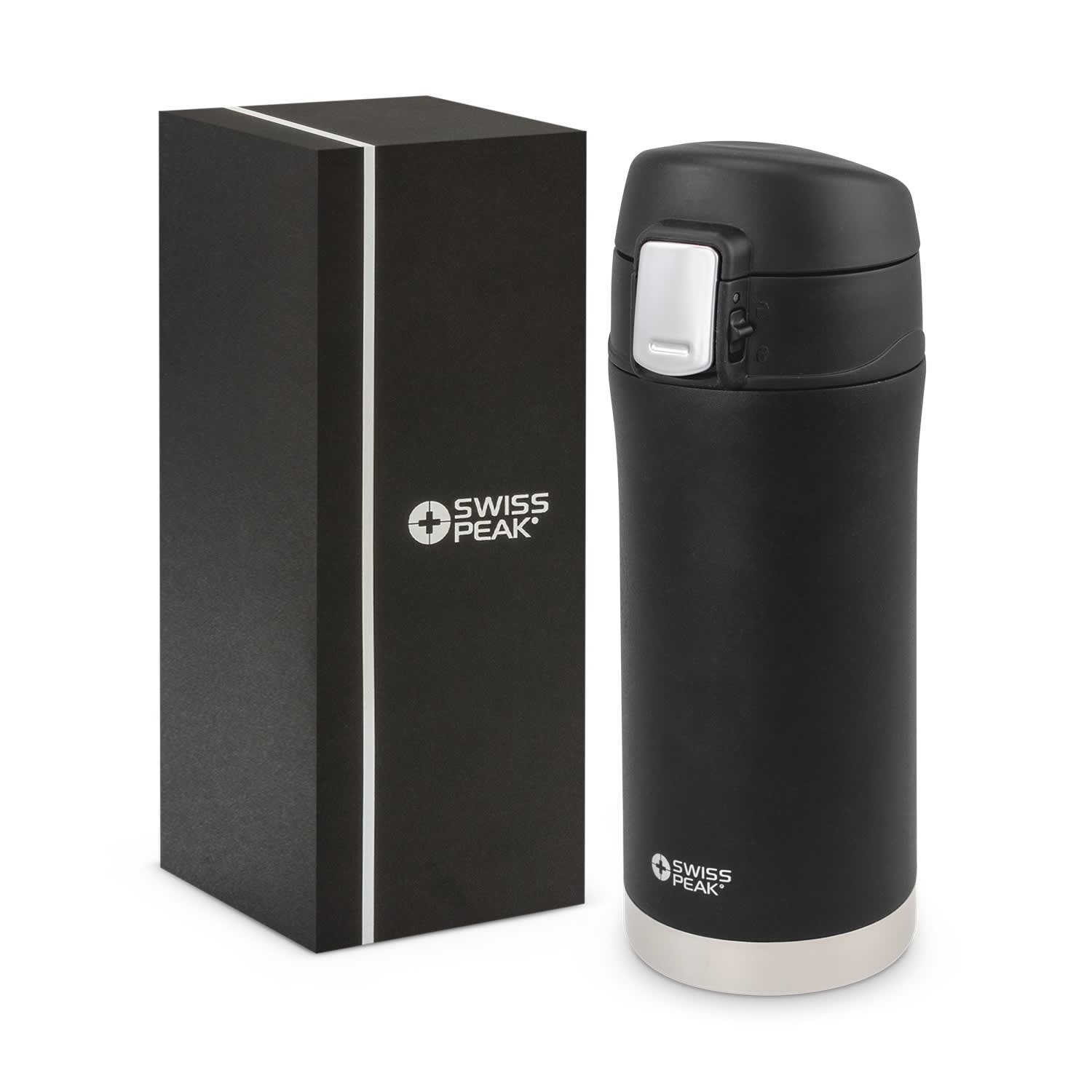 A drink bottle with a sleek black finish and a white base, accompanied by a stylish black box, featuring a logo. Swiss Peak Elite Copper Vacuum Mug - Image 1