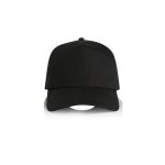 A black cap with a structured design and a logo on the front.