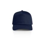A navy blue cap with a structured design and a logo on the front.