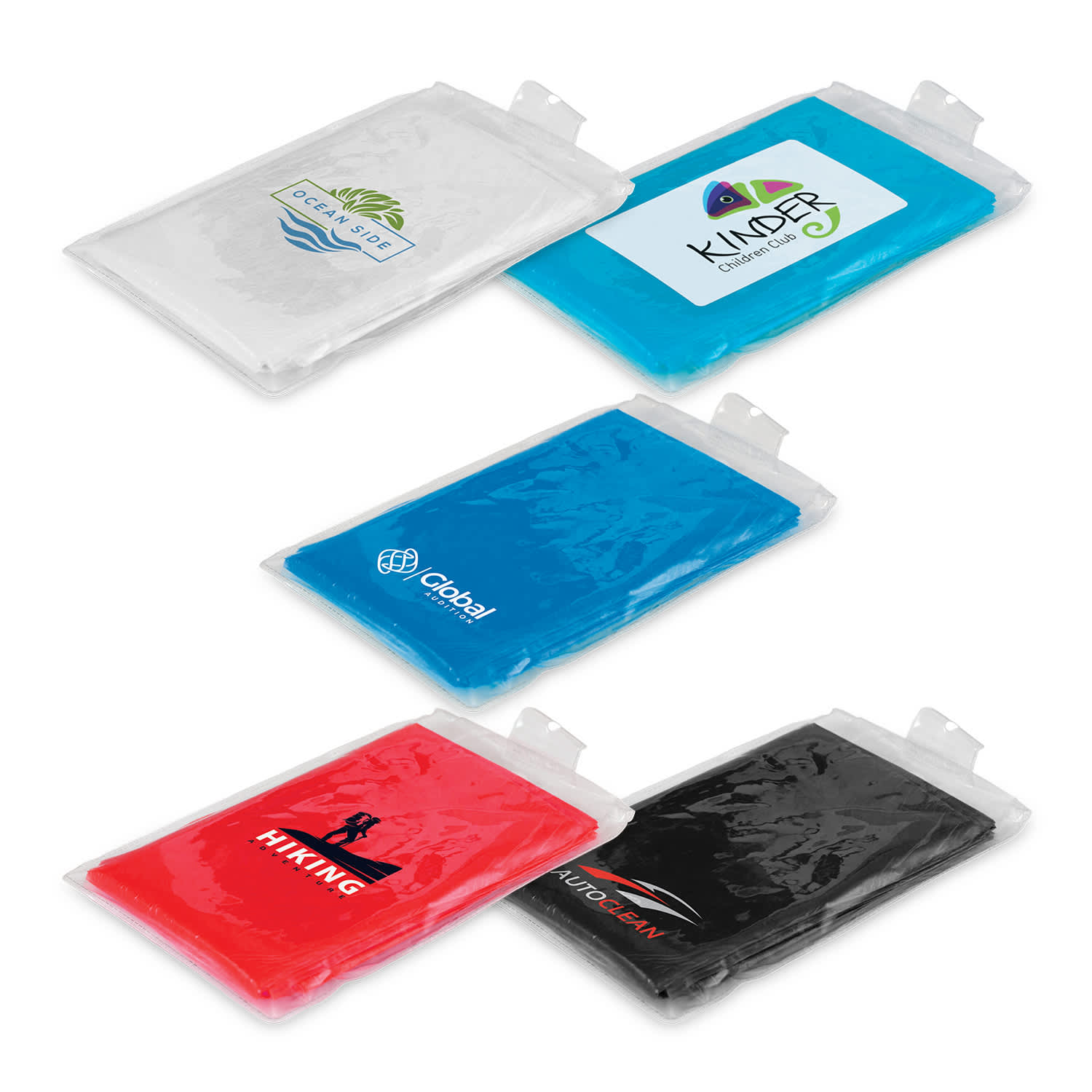 A set of four rectangular gel packs in blue, red, and black, each with a logo on the front. Emergency Poncho - Image 1