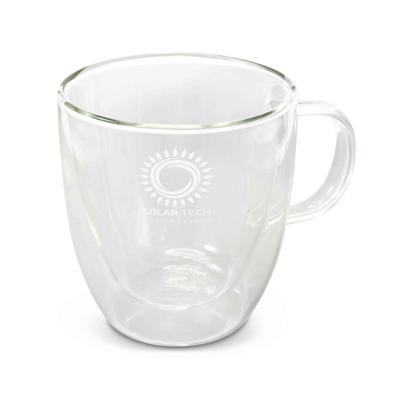 A double wall glass cup with a transparent design and a handle. It features a logo on the front. Riviera Double Wall Glass Cup - Image 1