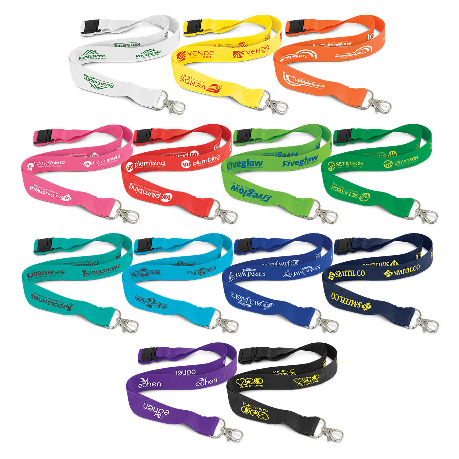 A collection of multi-coloured bamboo lanyards featuring various logos and branding. Bamboo Lanyard - Image 1