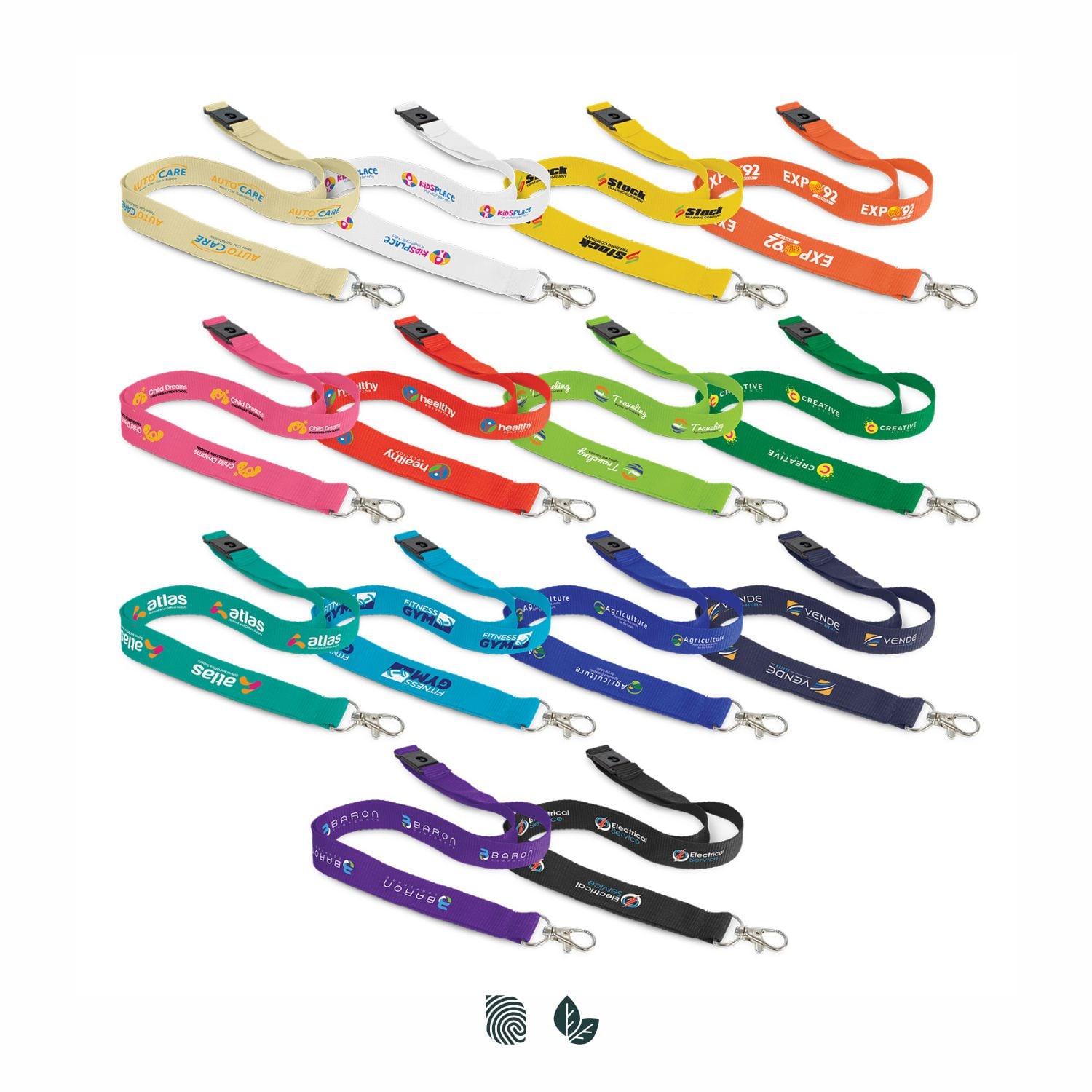 A selection of cotton lanyards in various colours, each featuring clips and logos. Cotton Lanyard - Image 1