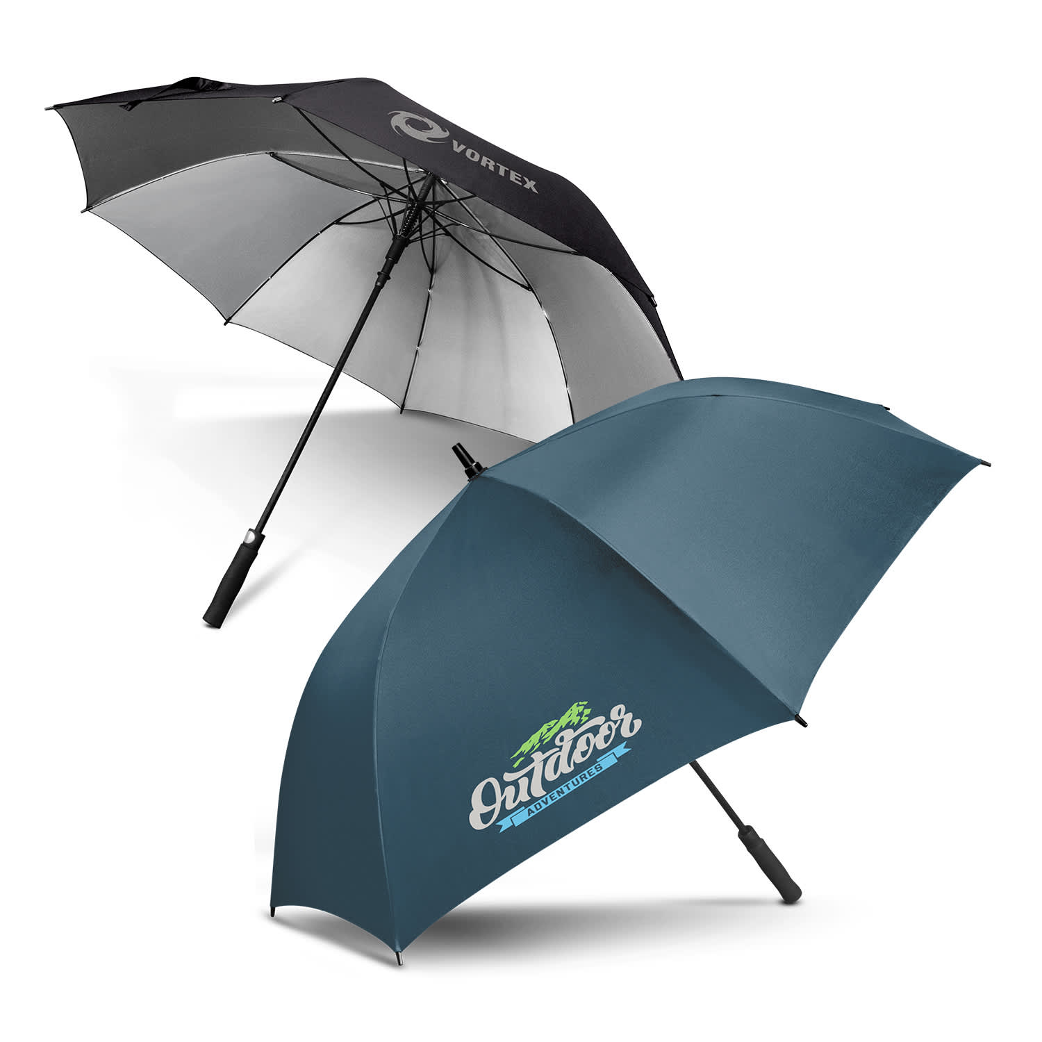 A black and grey umbrella and a teal umbrella with a logo, featuring a curved handle and a sturdy frame. Patronus Umbrella - Image 1