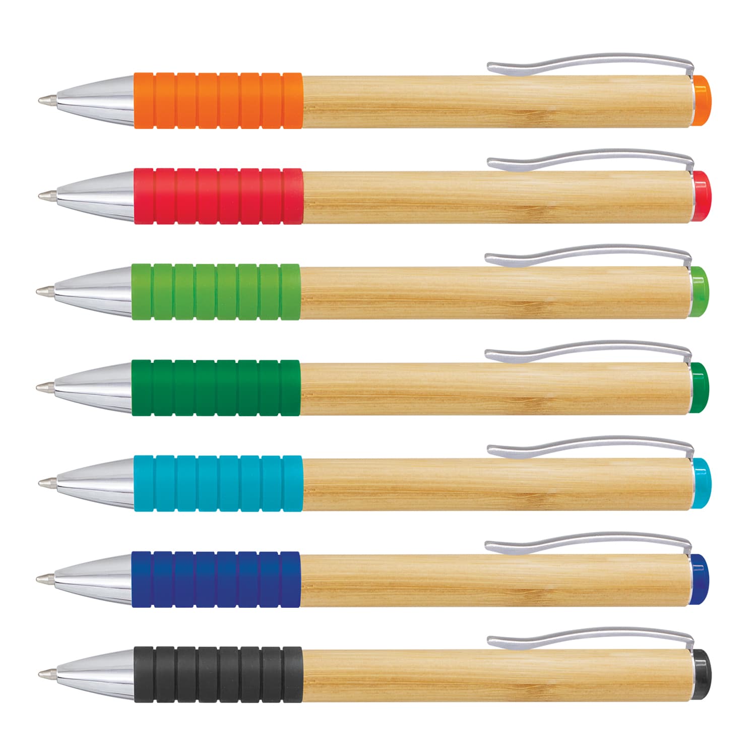 A bamboo twist pen collection featuring eight pens with coloured grips in orange, green, blue, and black. Bamboo Twist Pen - Image 1