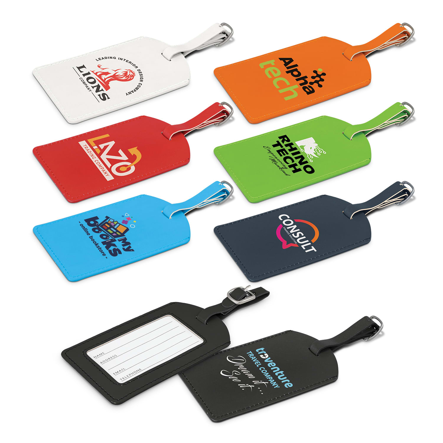 Aero Luggage Tags in various colours including blue, orange, green, black, and white, featuring different logos. Aero Luggage Tag - Image 1
