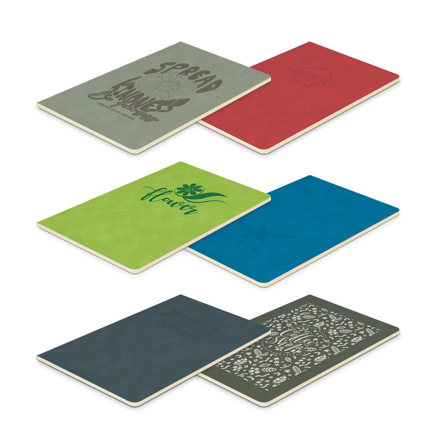 A set of notebooks in green, red, blue, and dark grey featuring various designs and a logo on the covers. Elantra Notebook - Image 1