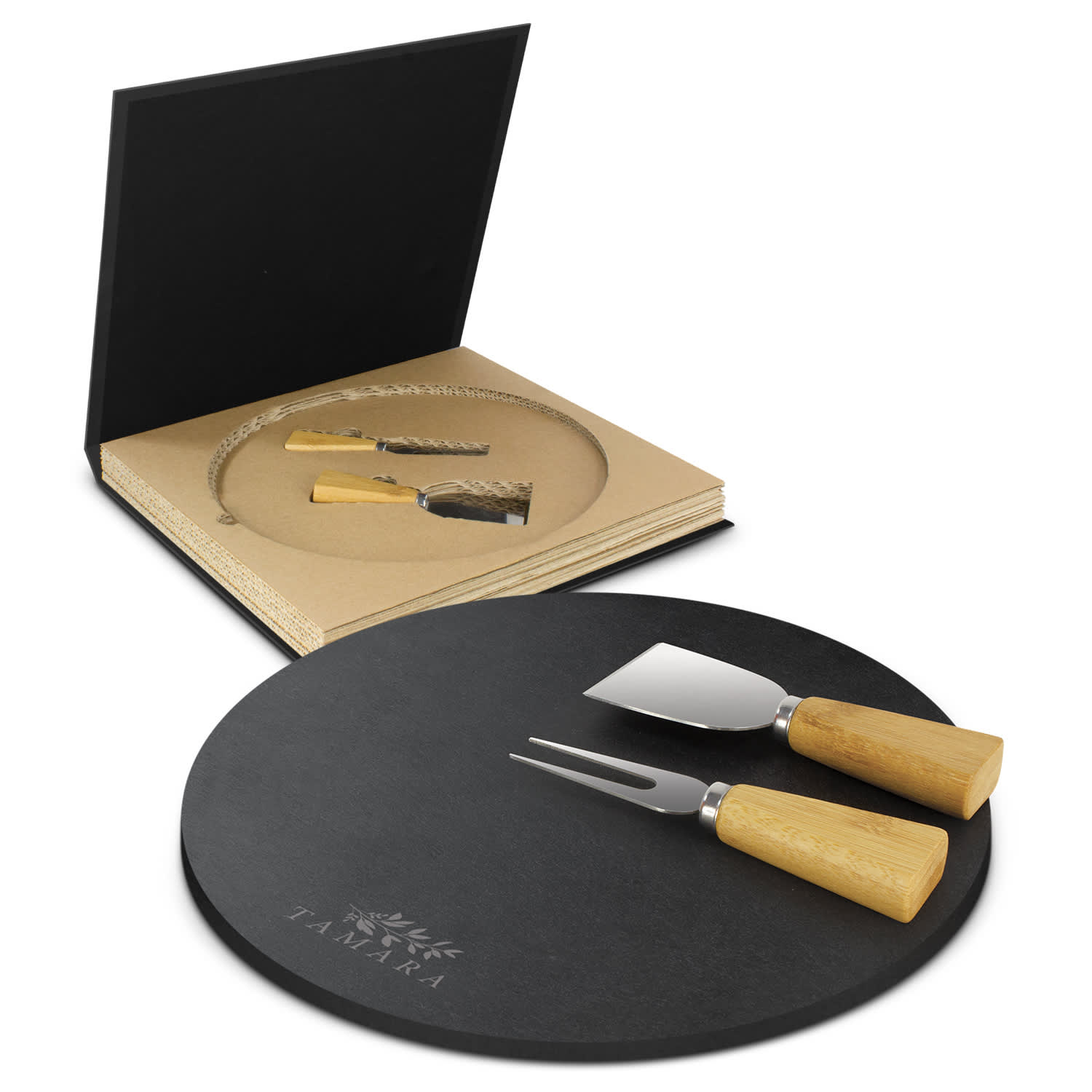 A round black slate cheese board with two wooden-handled knives, displayed in a black box. Ashford Slate Cheese Board Set - Image 1