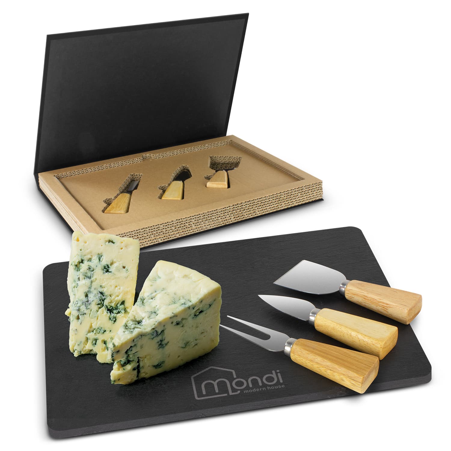 A slate cheese board set featuring a black board, three cheese knives with wooden handles, and blue cheese. Montrose Slate Cheese Board Set - Image 1
