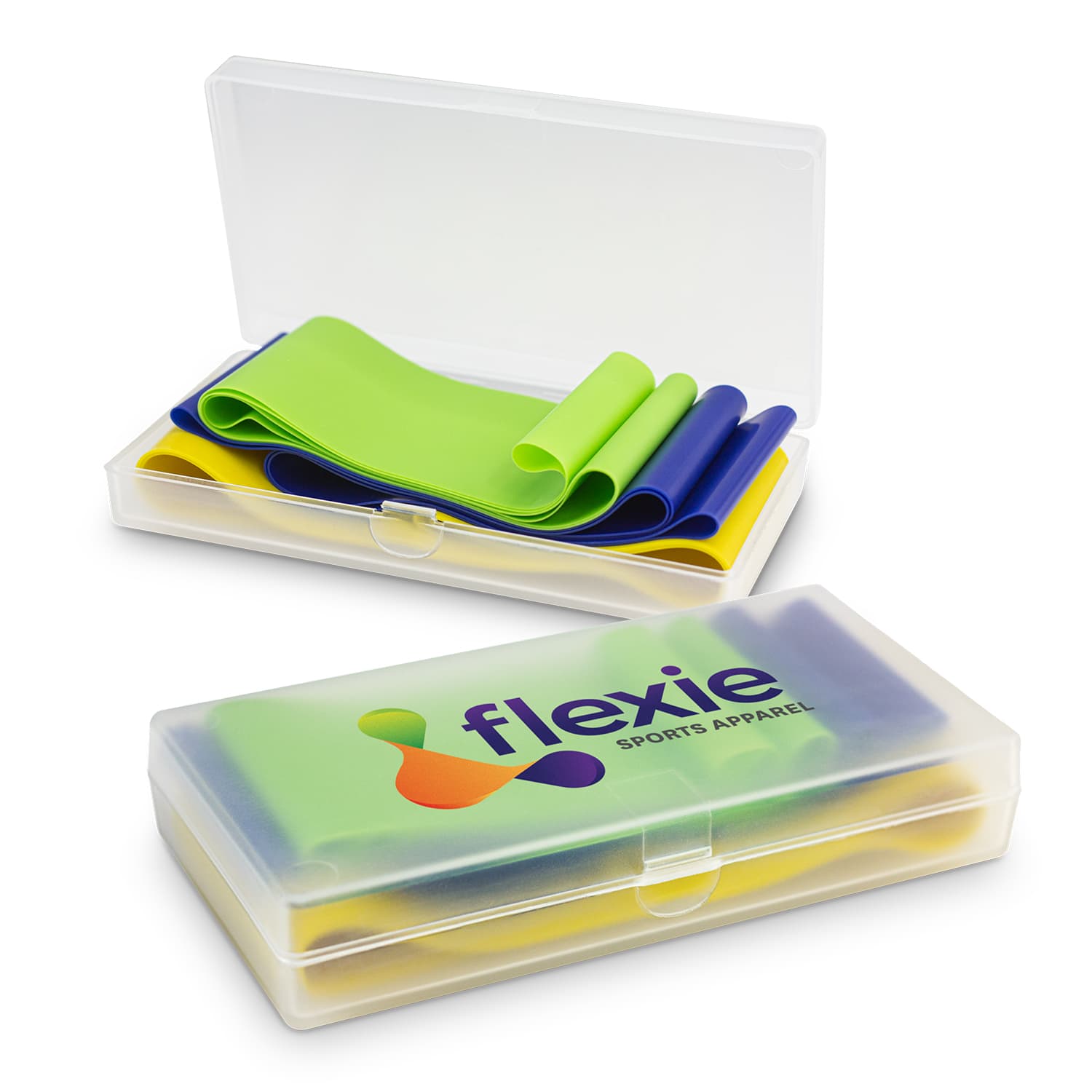 A set of resistance exercise bands in green and blue, stored in a clear plastic case with a logo. Resistance Exercise Bands - Image 1
