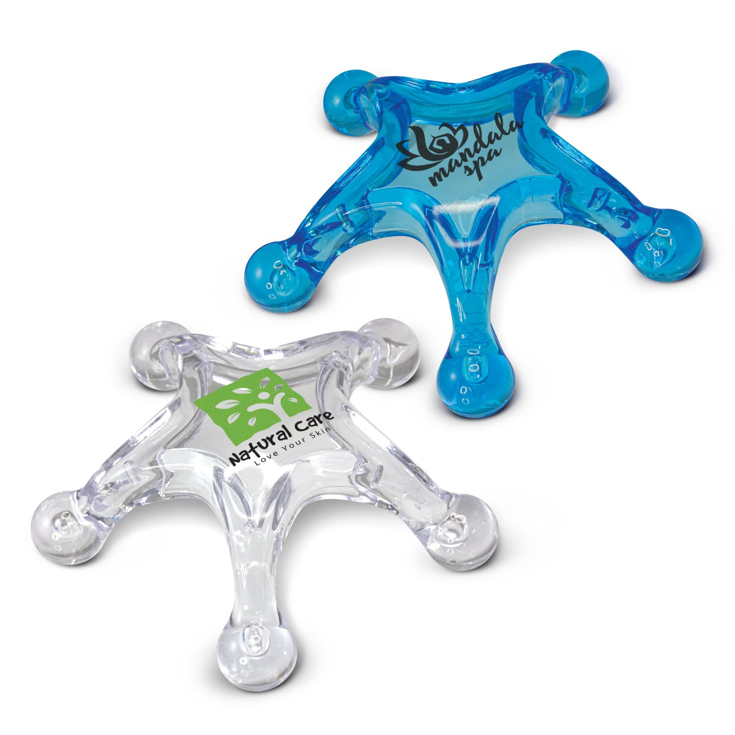 A Star Massager featuring a blue and a clear design, each with a logo on their surface. Star Massager - Image 1