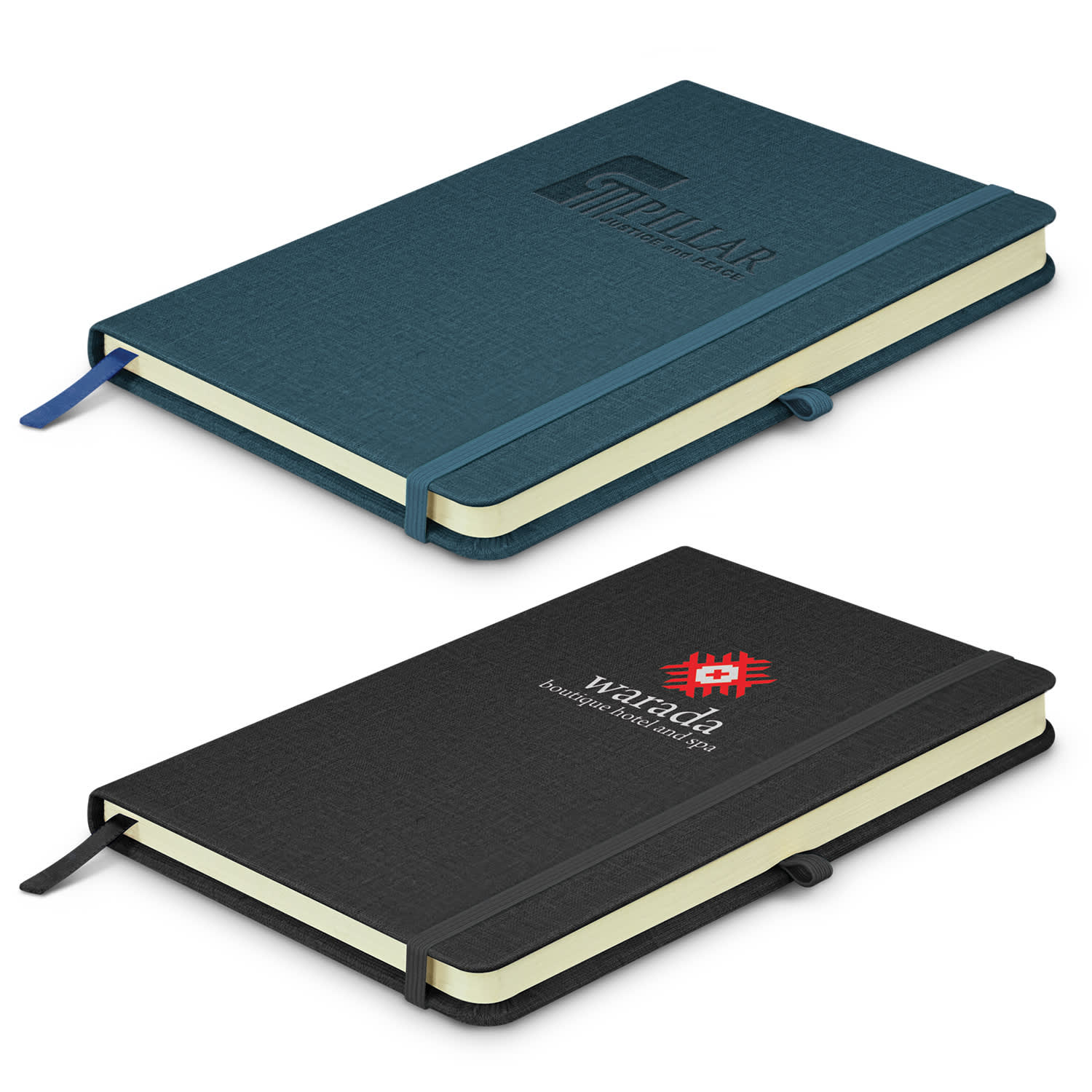 A notebook set featuring a dark teal and a black notebook, both with elastic bands and ribbon bookmarks. Each has a logo. Columbus Notebook - Image 1